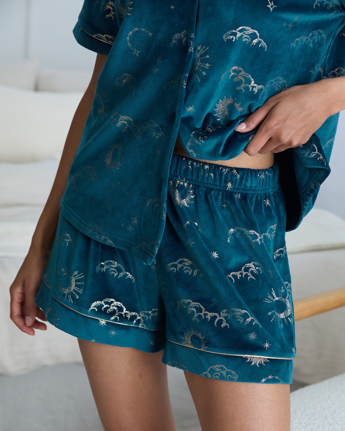 Velour Gold Foil Lunar Skies Short Pyjama Set