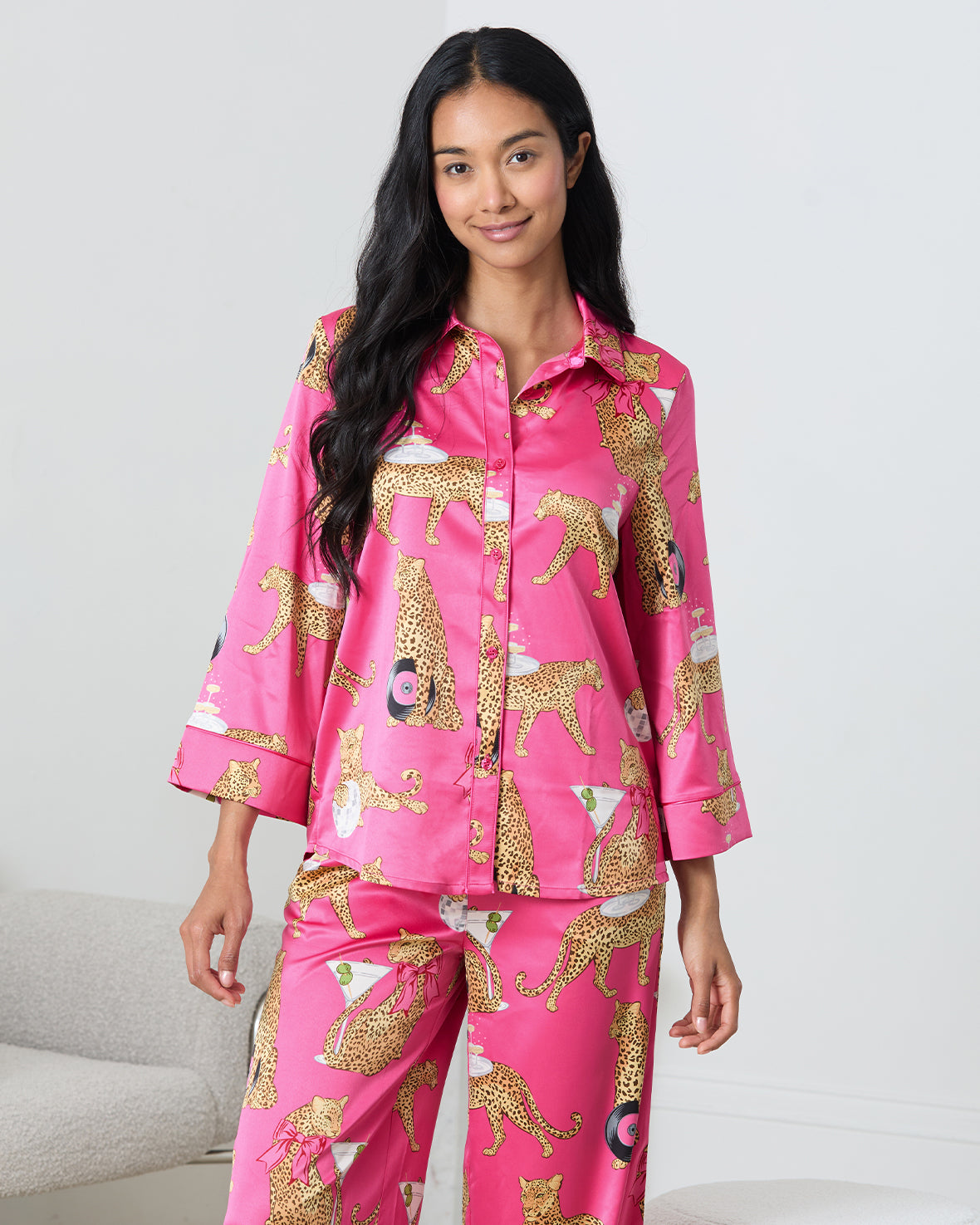 Satin Cocktail Hour Leopard Print Long Pyjama Set