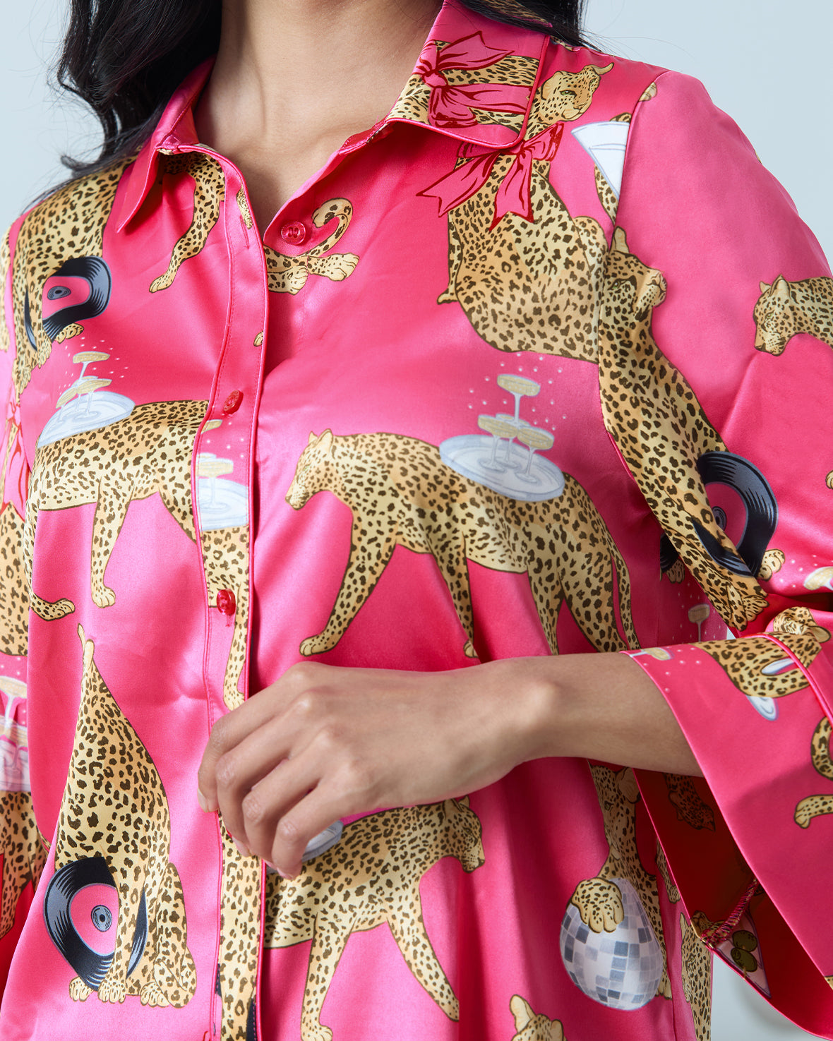 Satin Cocktail Hour Leopard Print Long Pyjama Set