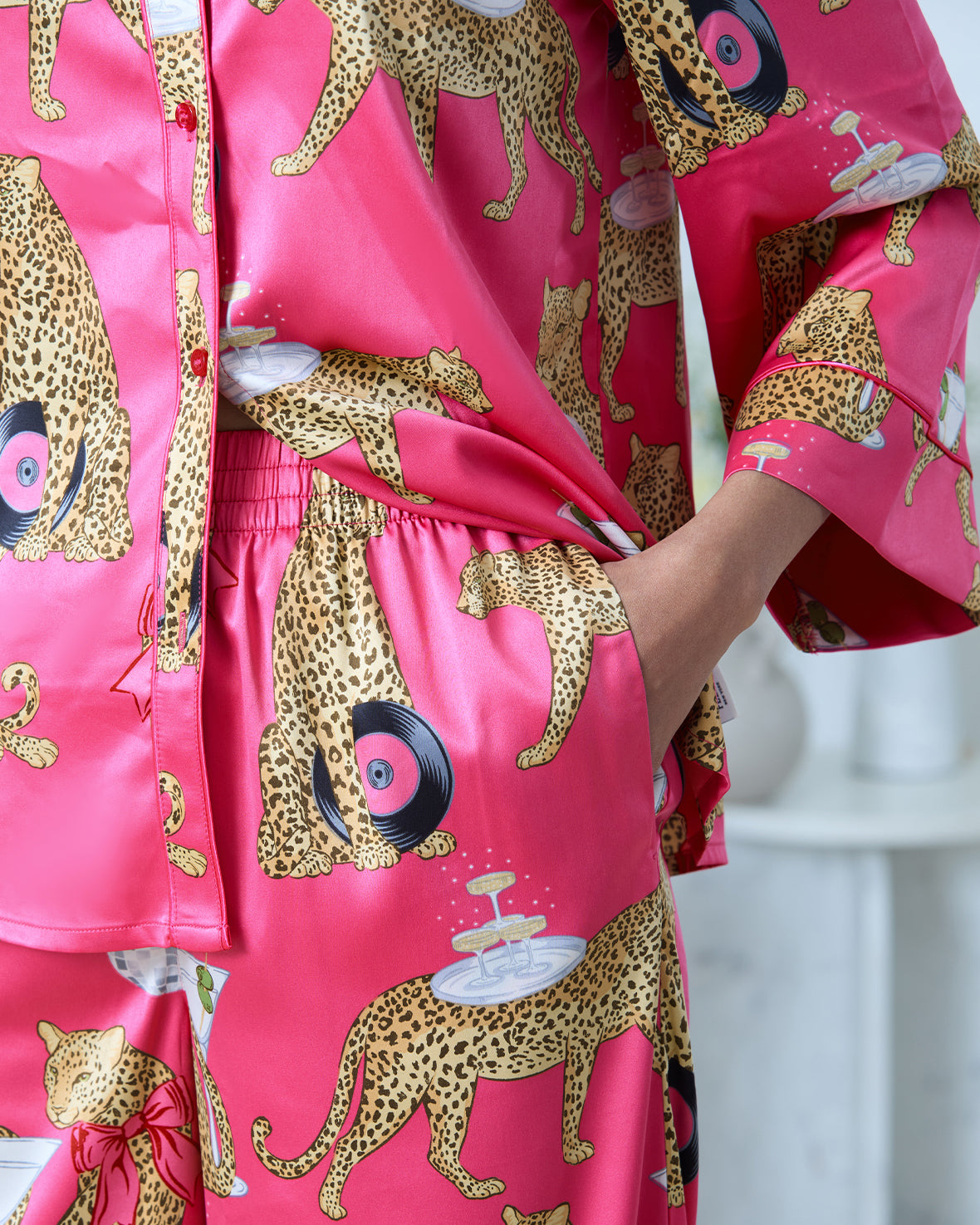 Satin Cocktail Hour Leopard Print Long Pyjama Set