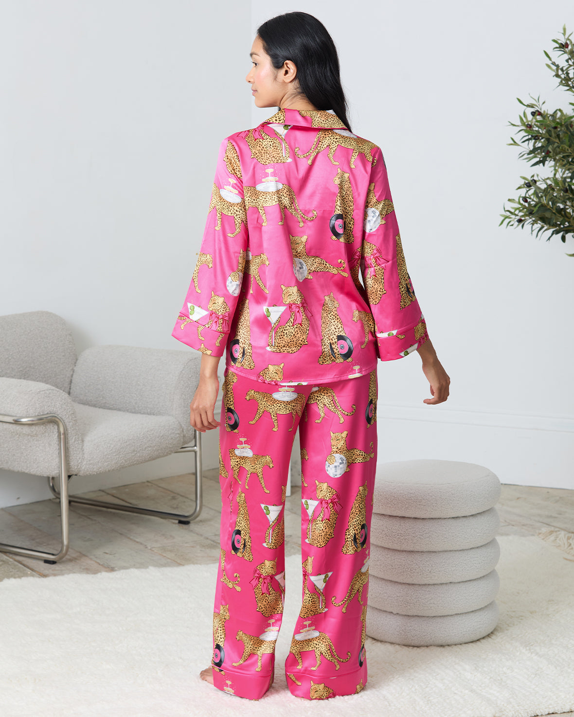 Satin Cocktail Hour Leopard Print Long Pyjama Set