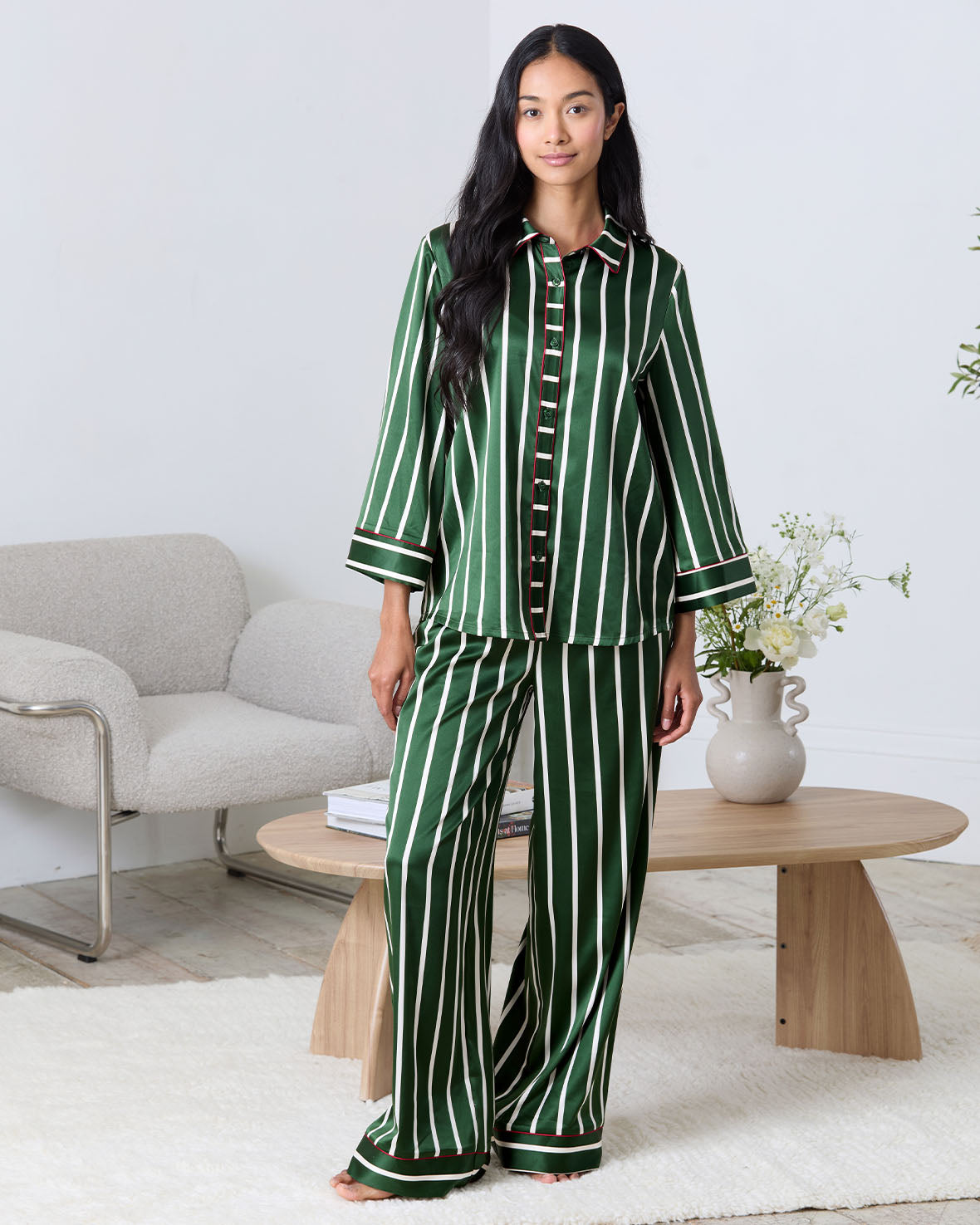 Satin Stripe Long Pyjama Set - Green