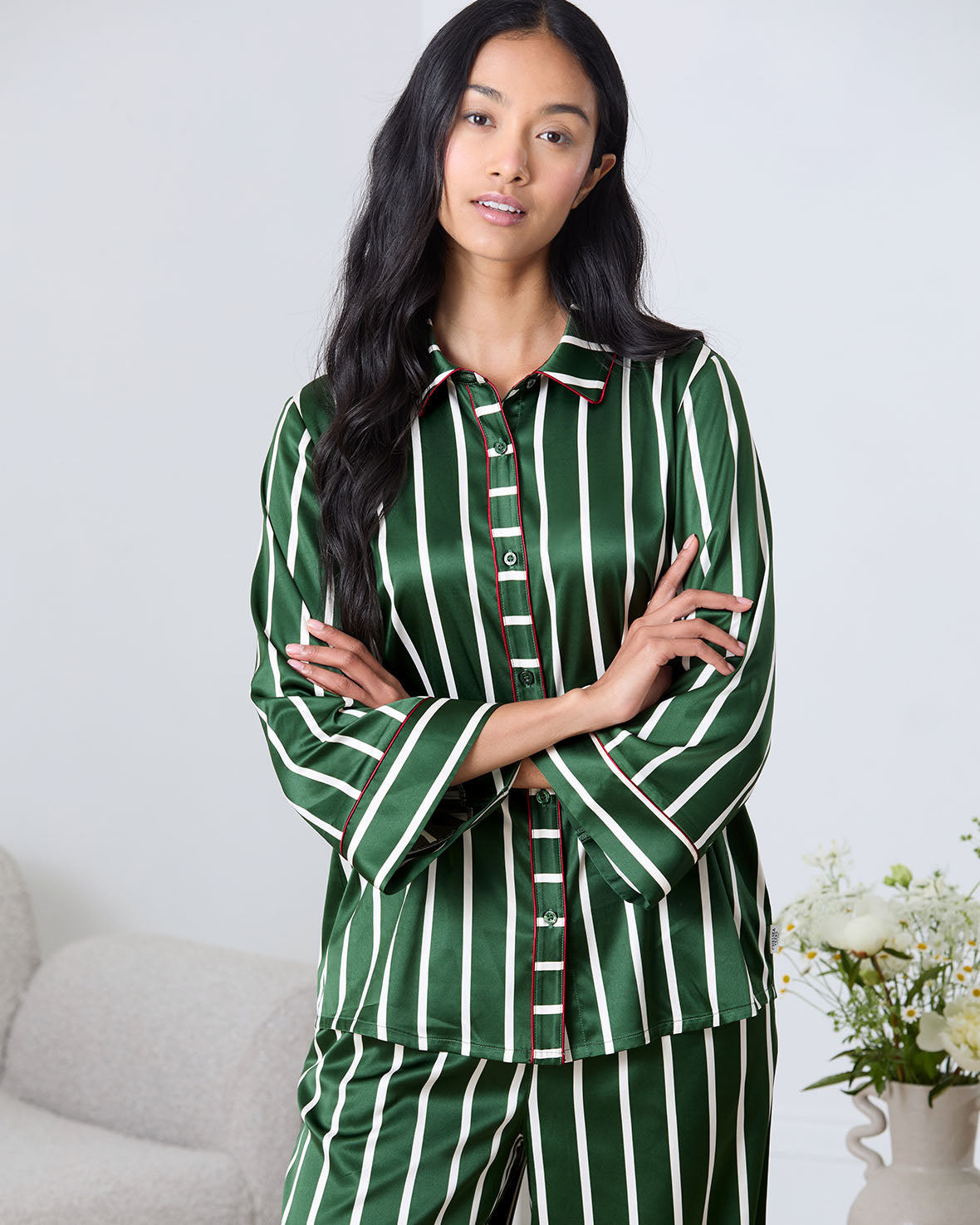 Satin Stripe Long Pyjama Set - Green