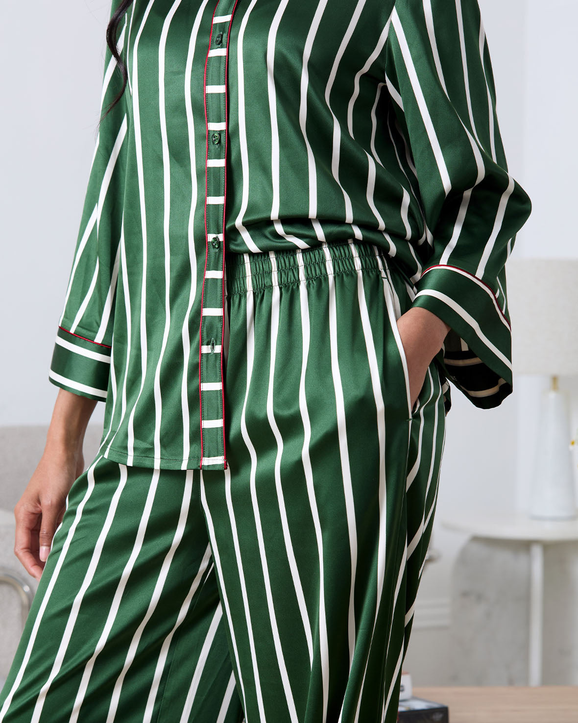 Satin Stripe Long Pyjama Set - Green