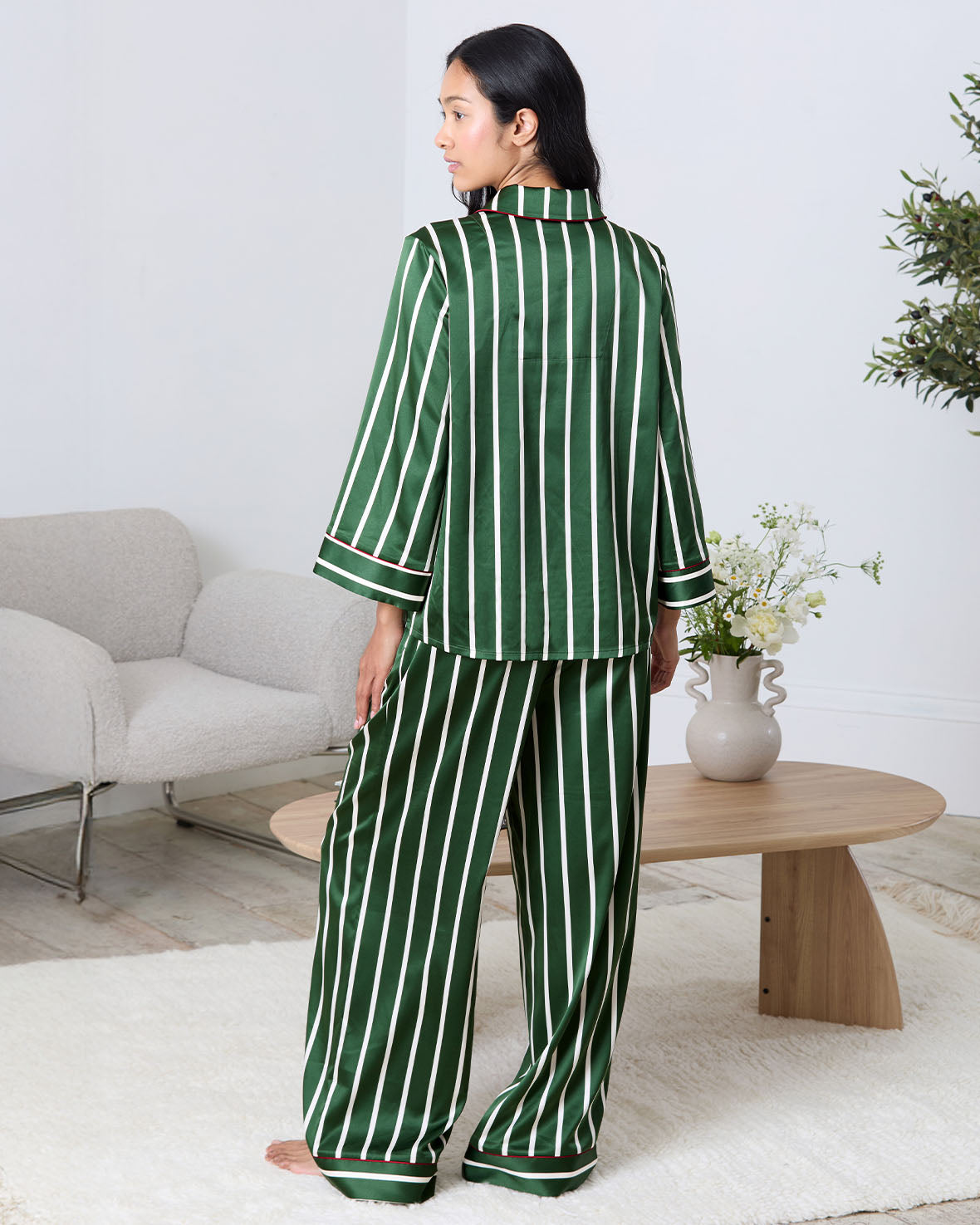 Satin Stripe Long Pyjama Set - Green