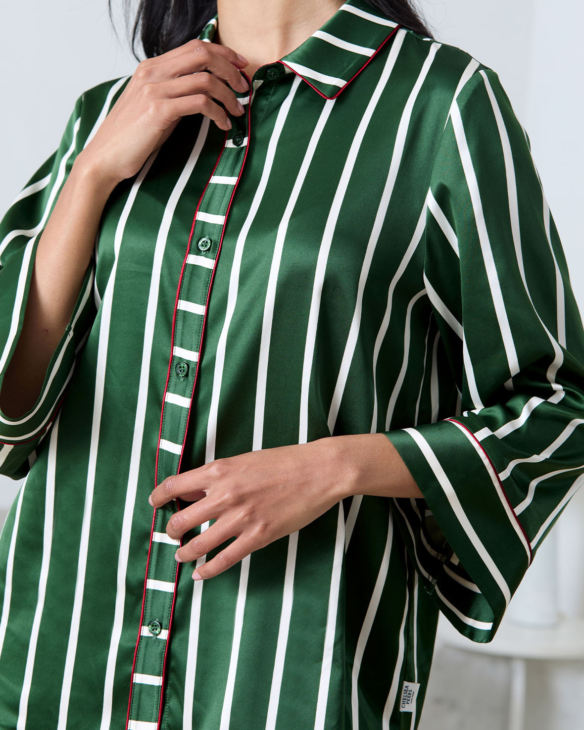 Satin Stripe Long Pyjama Set - Green