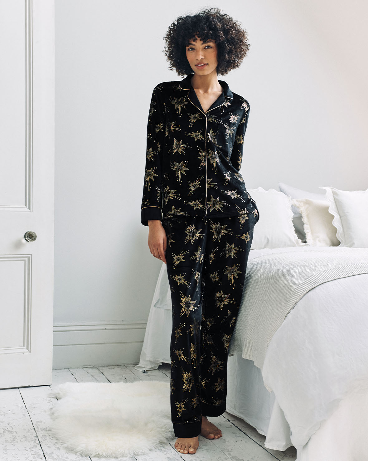 Velour Gold Foil Shooting Stars Long Pyjama Set
