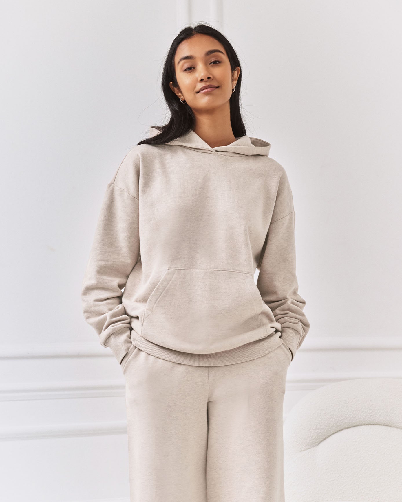 Organic Cotton Back Embroidered Script Logo Hoodie - Beige