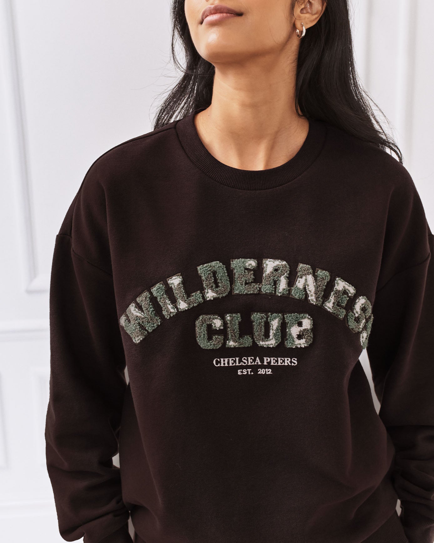 Organic Cotton Varsity Embroidered Wilderness Club Sweatshirt - Brown