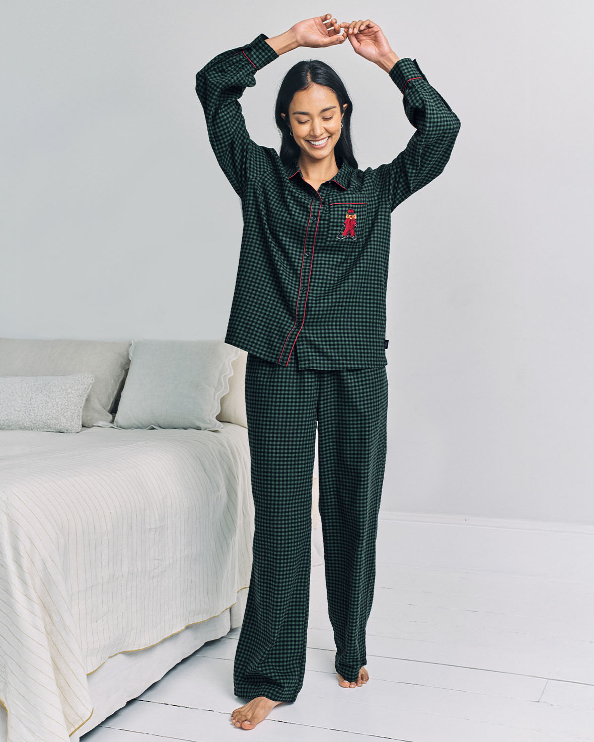 Organic Cotton Embroidered Skiing Chip the Cockapoo Gingham Long Pyjama Set - Green