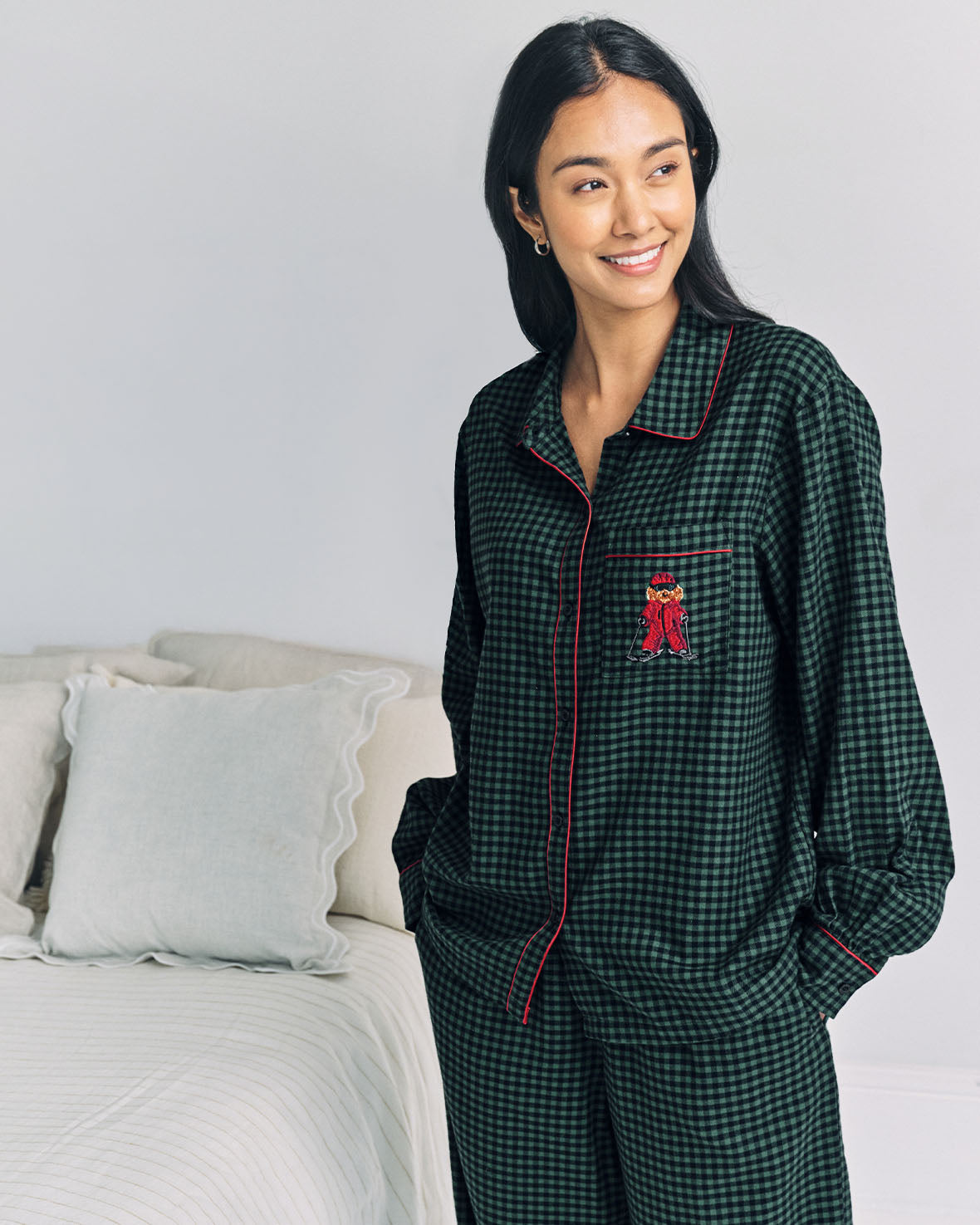 Organic Cotton Embroidered Skiing Chip the Cockapoo Gingham Long Pyjama Set - Green