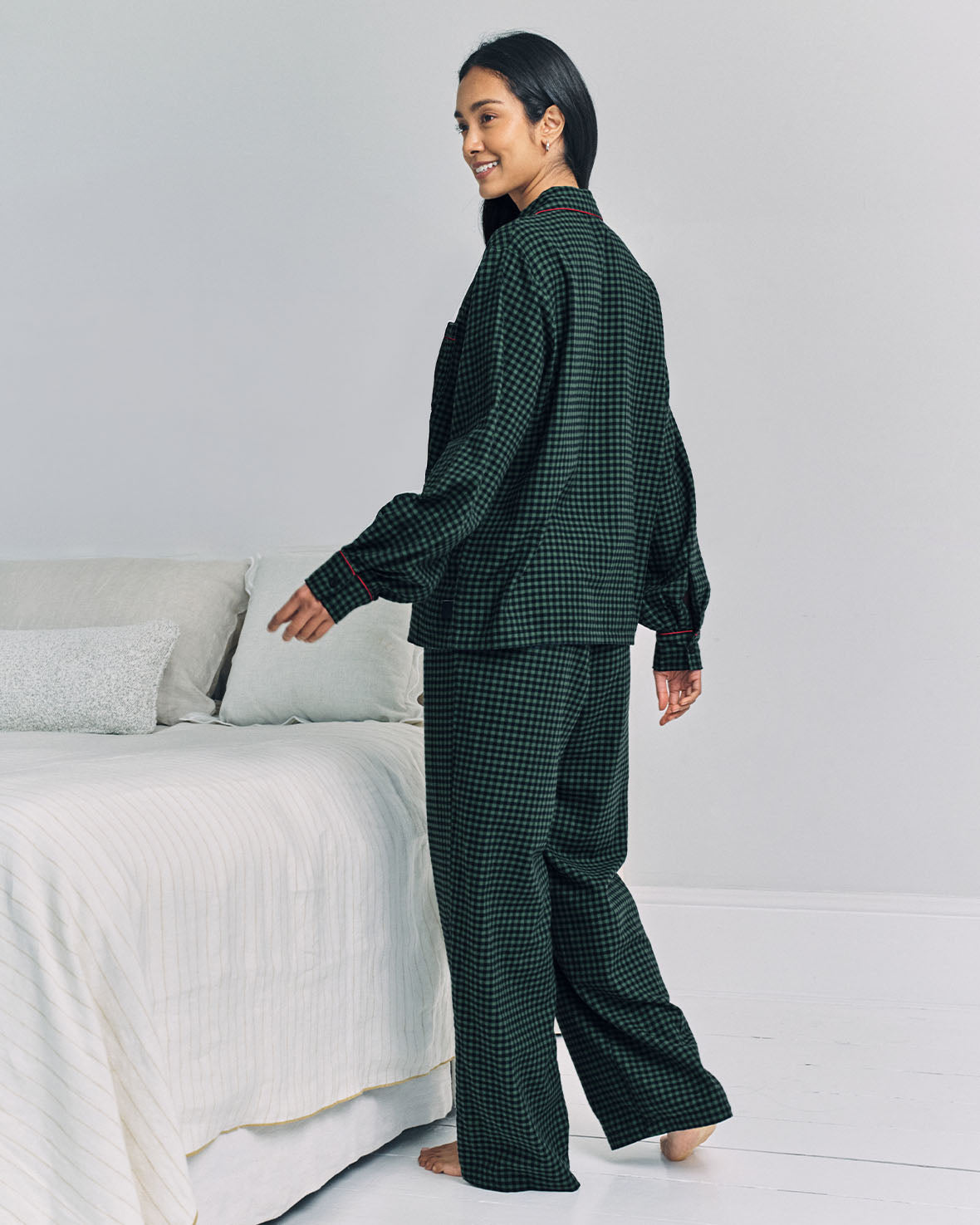 Organic Cotton Embroidered Skiing Chip the Cockapoo Gingham Long Pyjama Set - Green