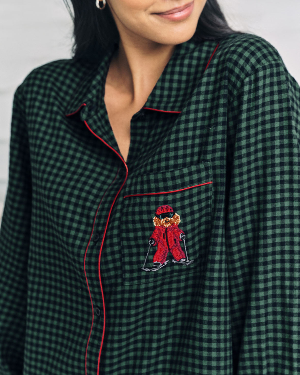 Organic Cotton Embroidered Skiing Chip the Cockapoo Gingham Long Pyjama Set - Green