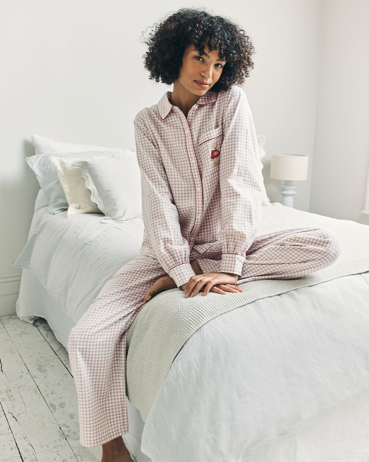 Organic Cotton Embroidered Peers the Bear Gingham Long Pyjama Set - Beige