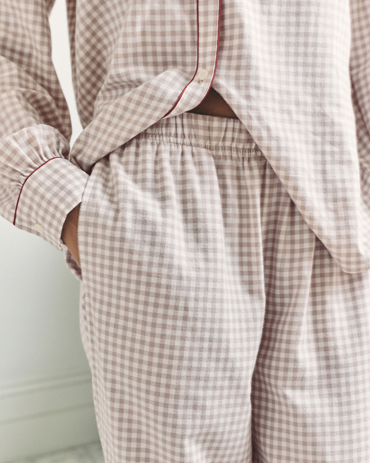 Organic Cotton Embroidered Peers the Bear Gingham Long Pyjama Set - Beige
