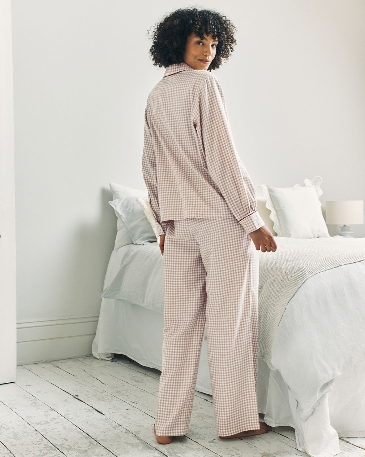 Organic Cotton Embroidered Peers the Bear Gingham Long Pyjama Set - Beige