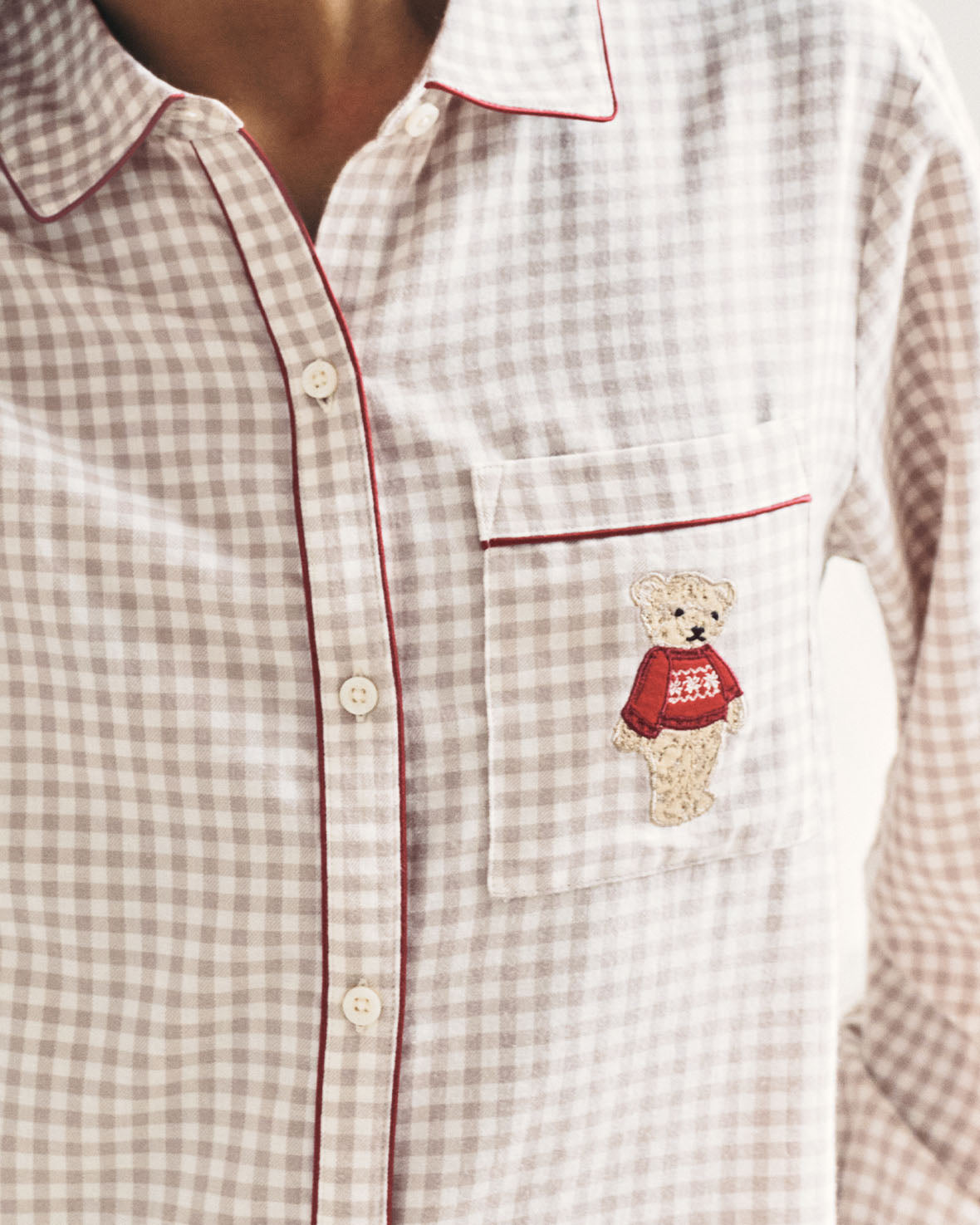 Organic Cotton Embroidered Peers the Bear Gingham Long Pyjama Set - Beige