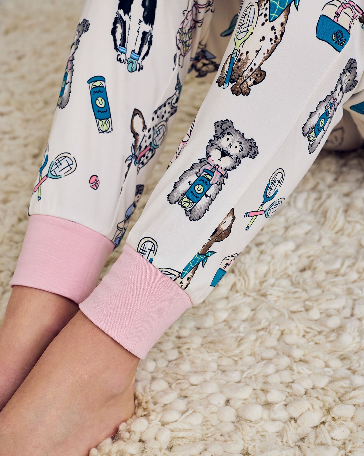 Petite Tennis Dogs Print Long Pyjama Set - Cream