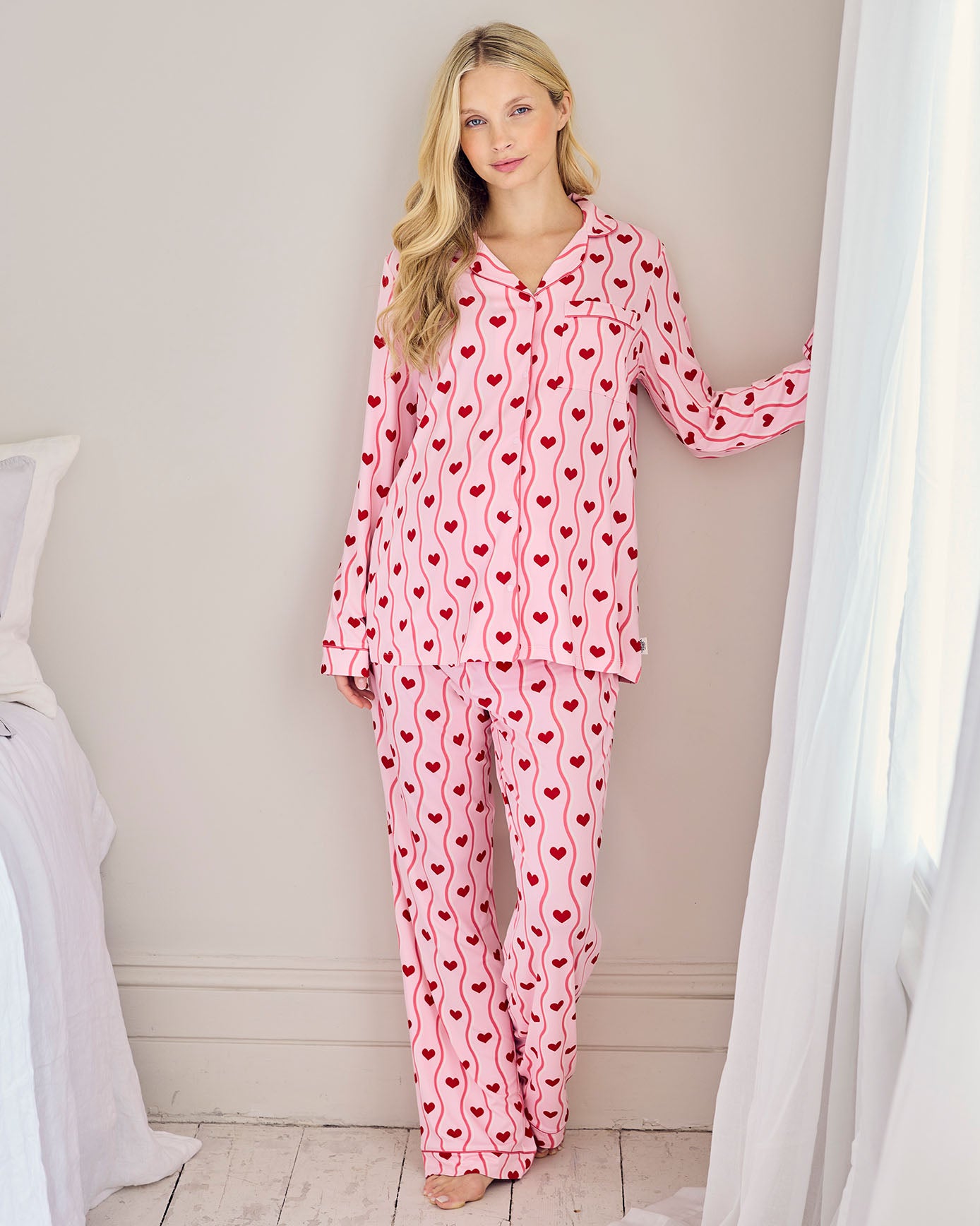 Maternity Wavy Stripe Heart Print Long Pyjama Set