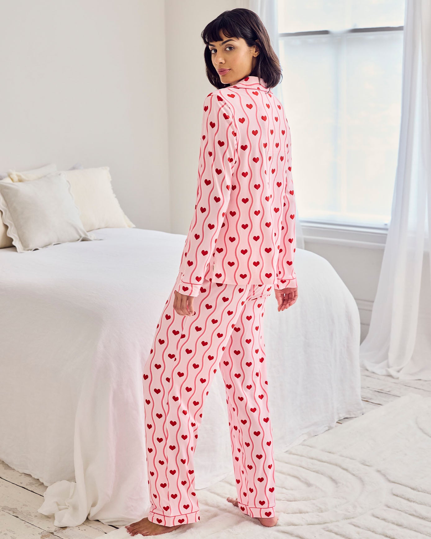 Wavy Stripe Heart Print Long Pyjama Set