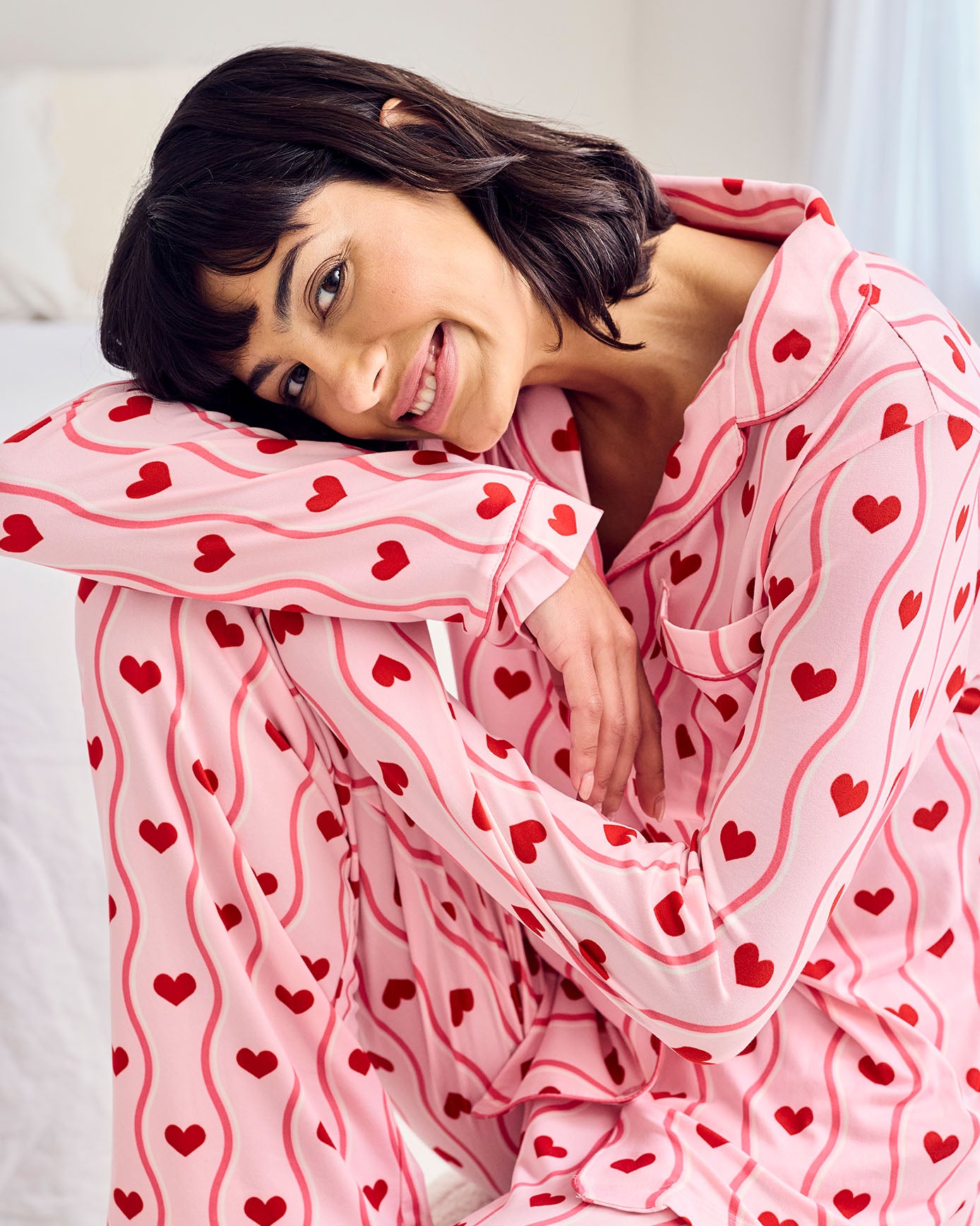 Wavy Stripe Heart Print Long Pyjama Set