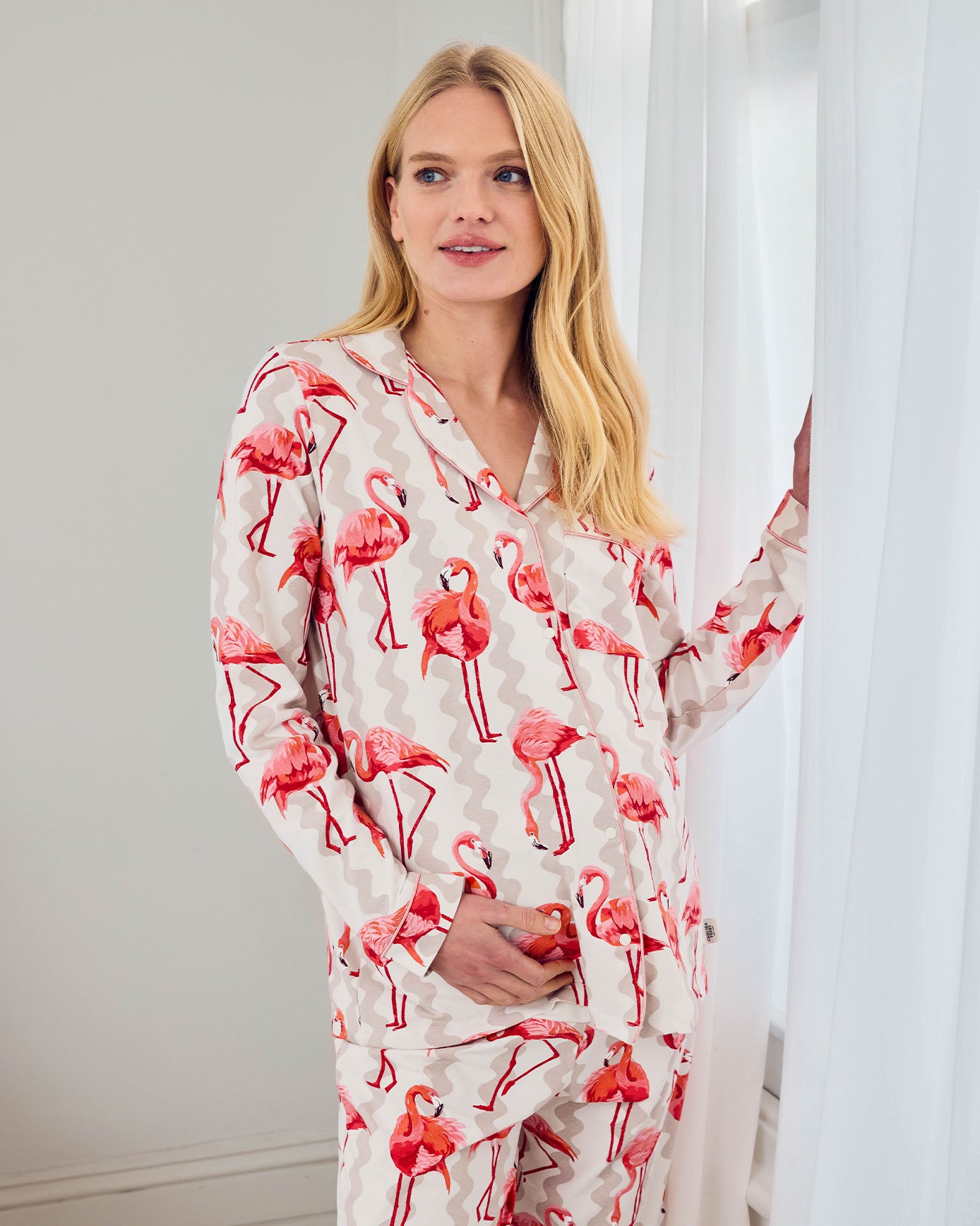 Maternity Organic Cotton Flamingo Stripe Print Long Pyjama Set