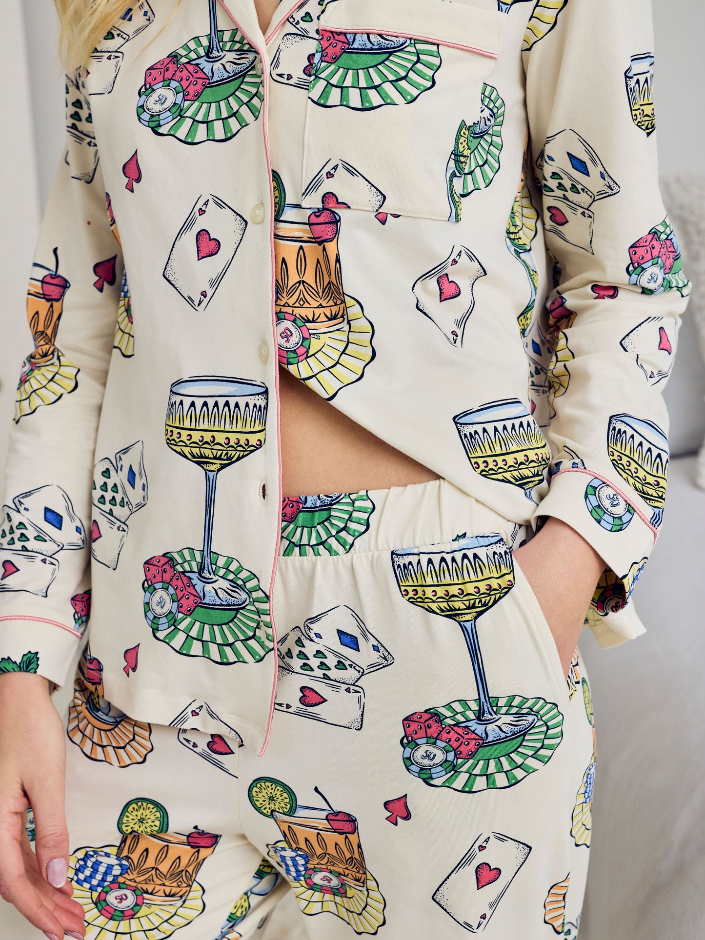 Petite Organic Cotton Cocktails & Cards Print Long Pyjama Set