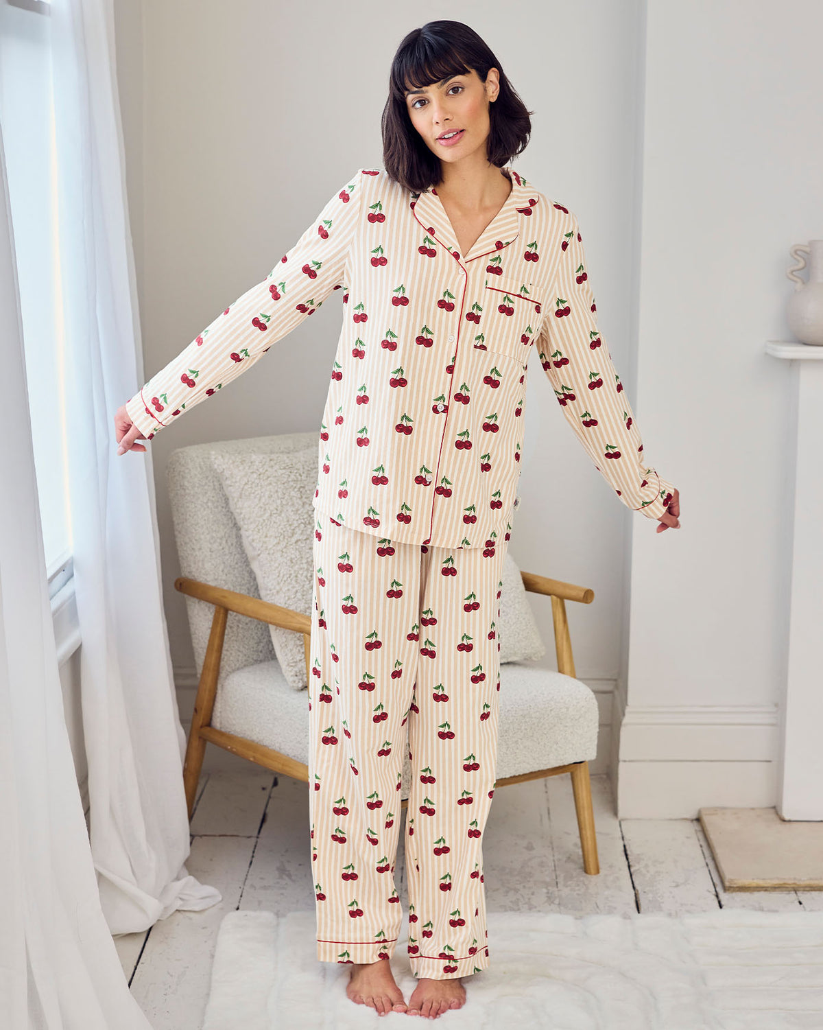 Organic Cotton Cherry Stripe Print Long Pyjama Set