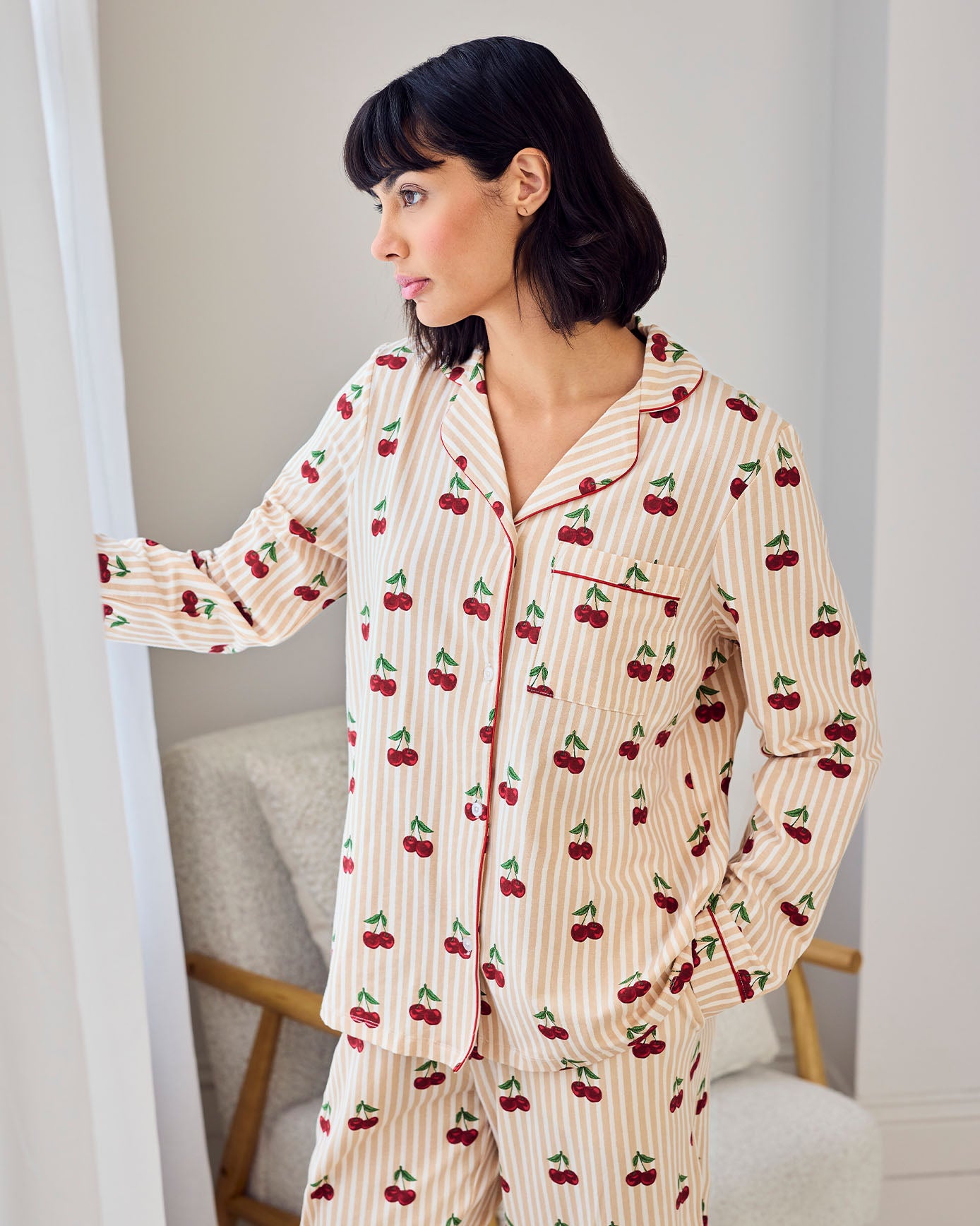 Tall Organic Cotton Cherry Stripe Print Long Pyjama Set