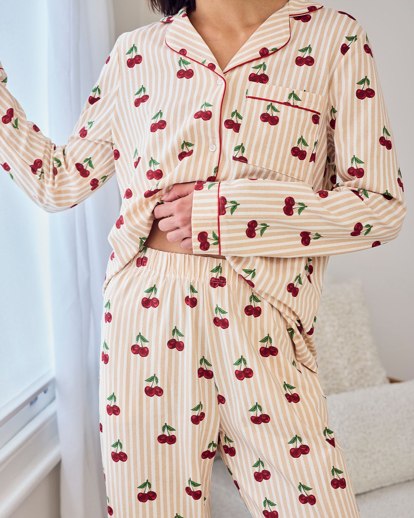Tall Organic Cotton Cherry Stripe Print Long Pyjama Set