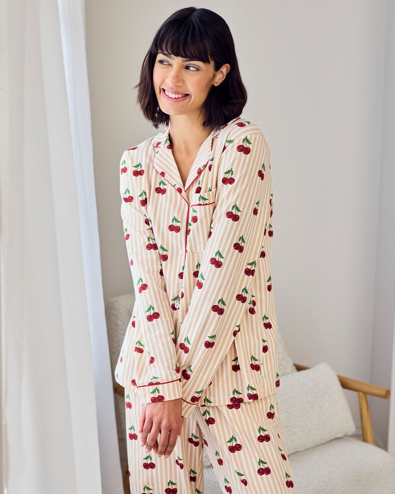 Organic Cotton Cherry Stripe Print Long Pyjama Set