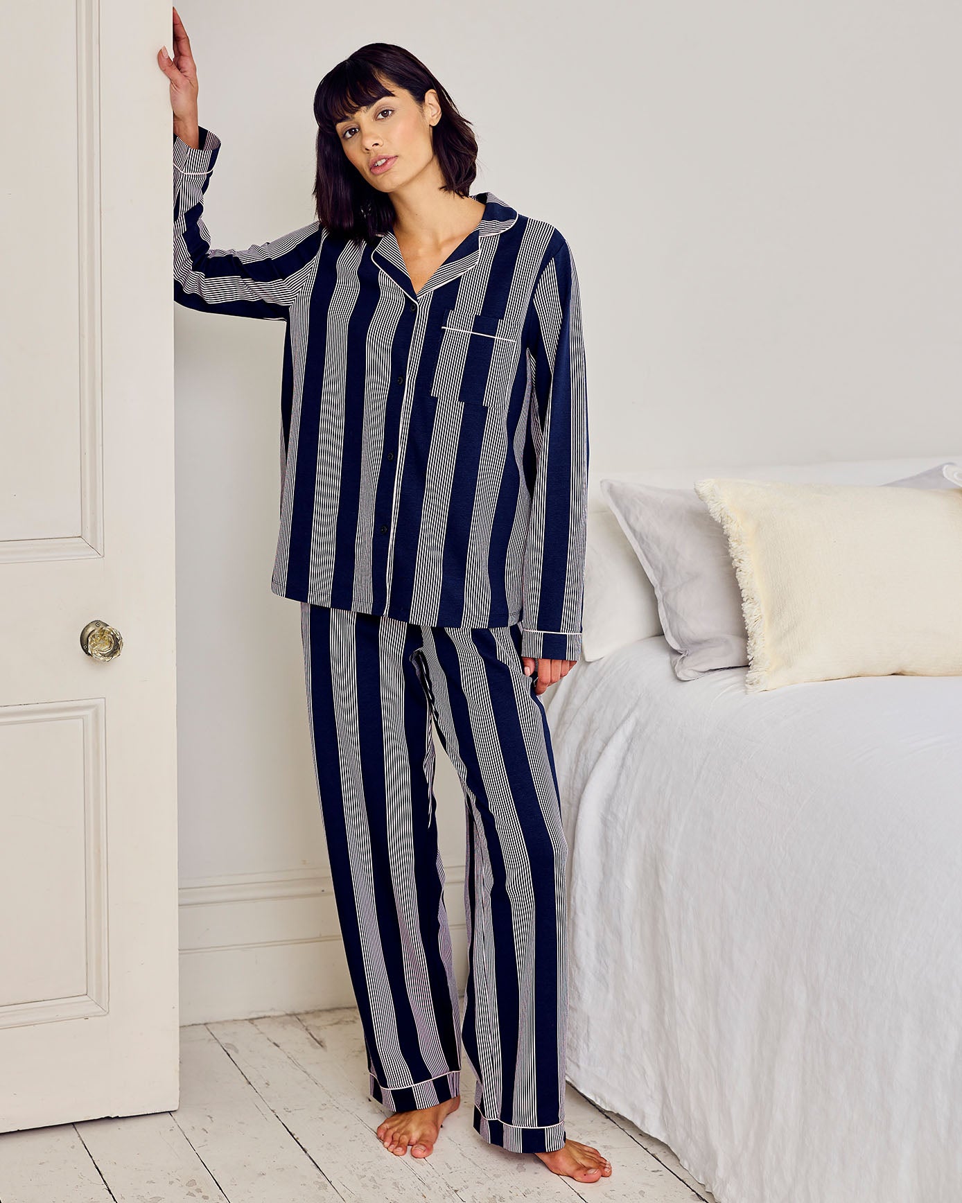 Tall Organic Cotton Stripe Button Up Pyjama Set - Navy