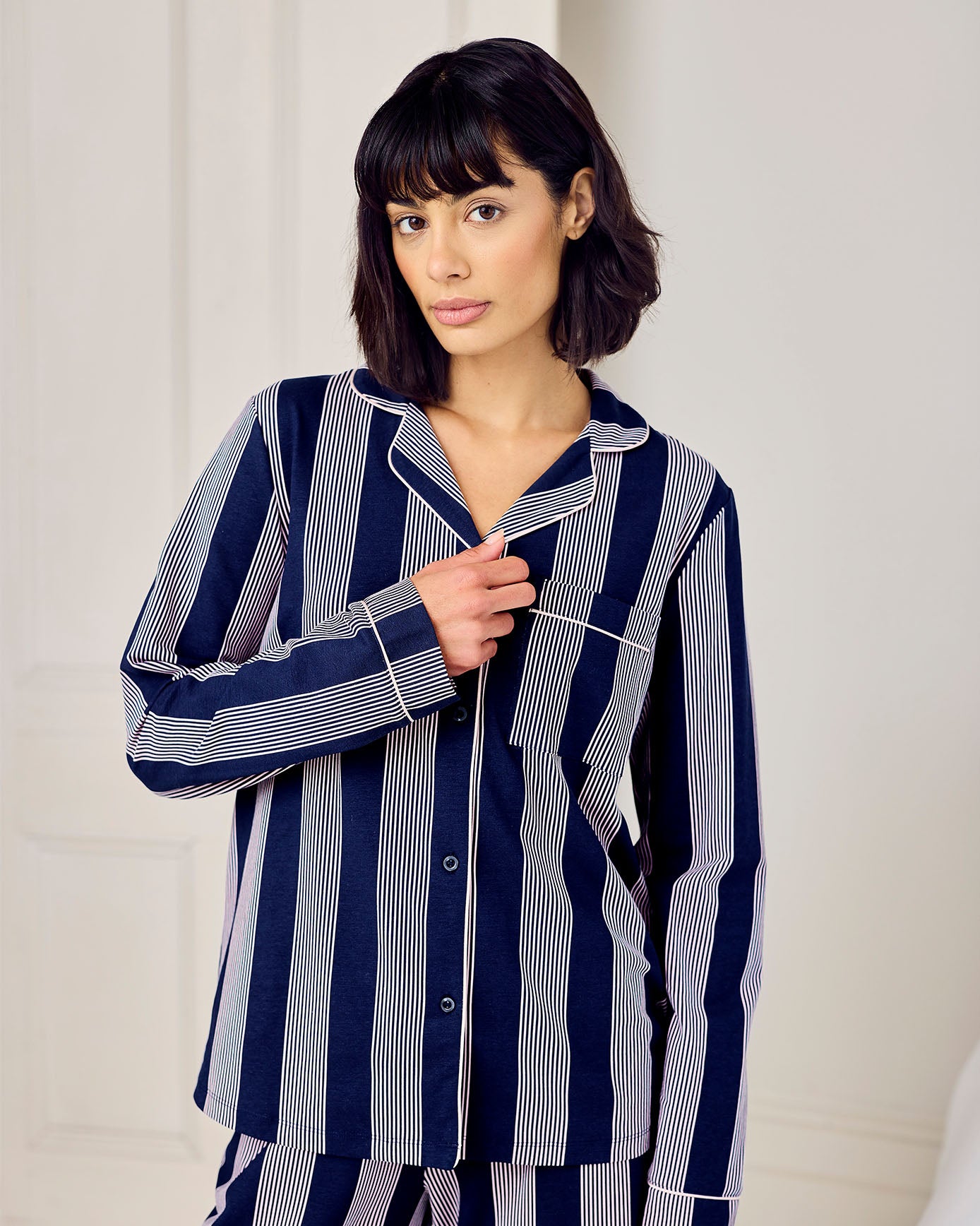 Petite Organic Cotton Stripe Button Up Pyjama Set - Navy