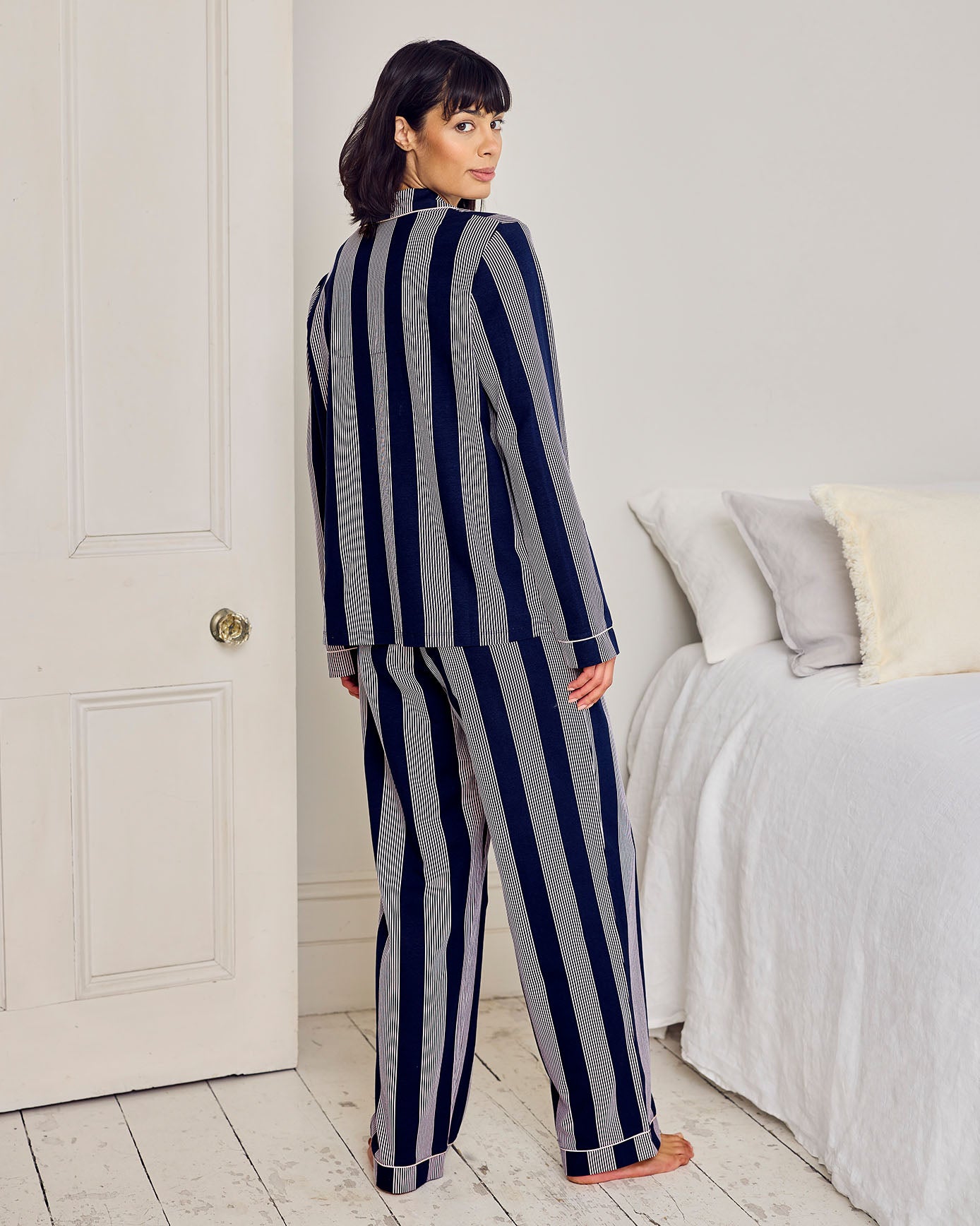 Tall Organic Cotton Stripe Button Up Pyjama Set - Navy