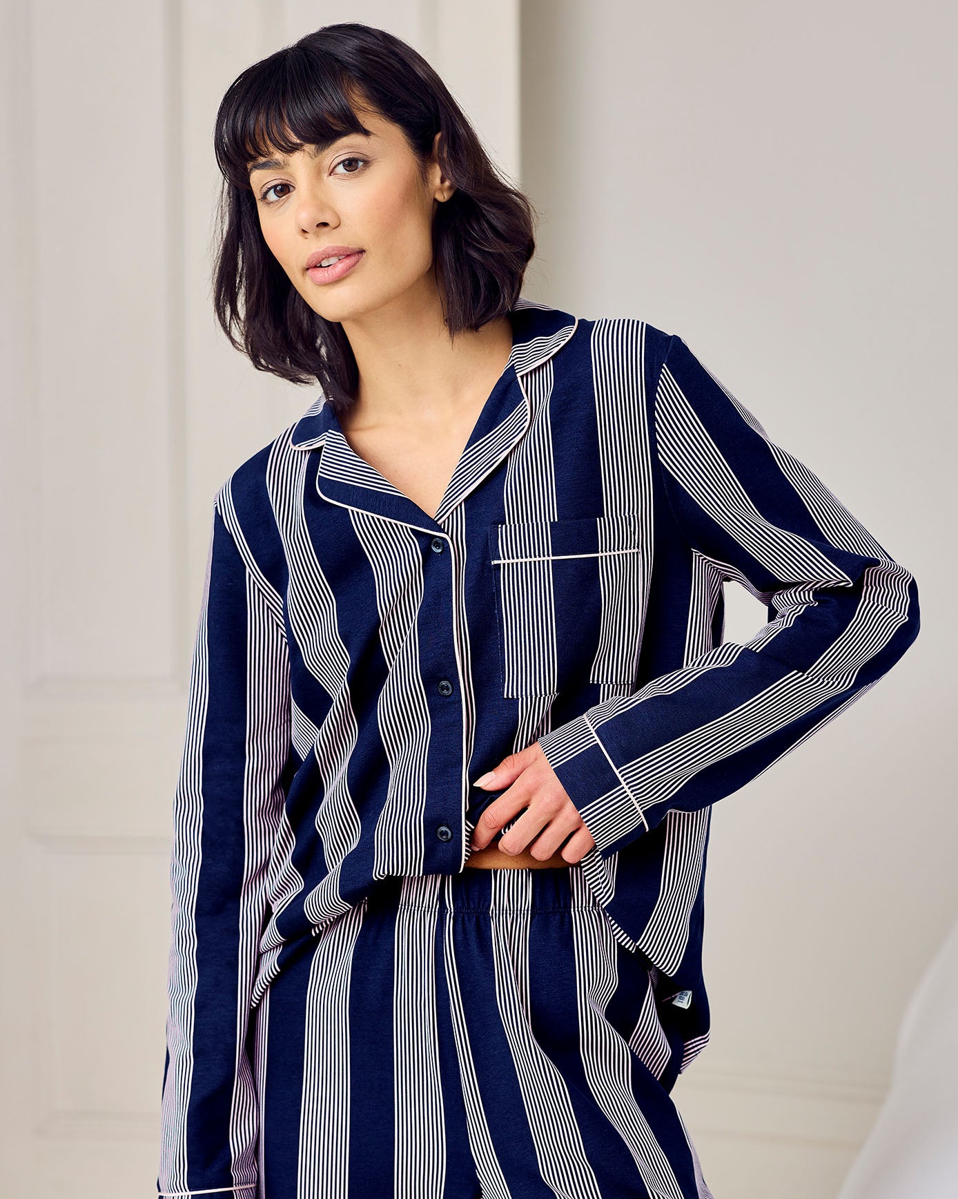 Petite Organic Cotton Stripe Button Up Pyjama Set - Navy