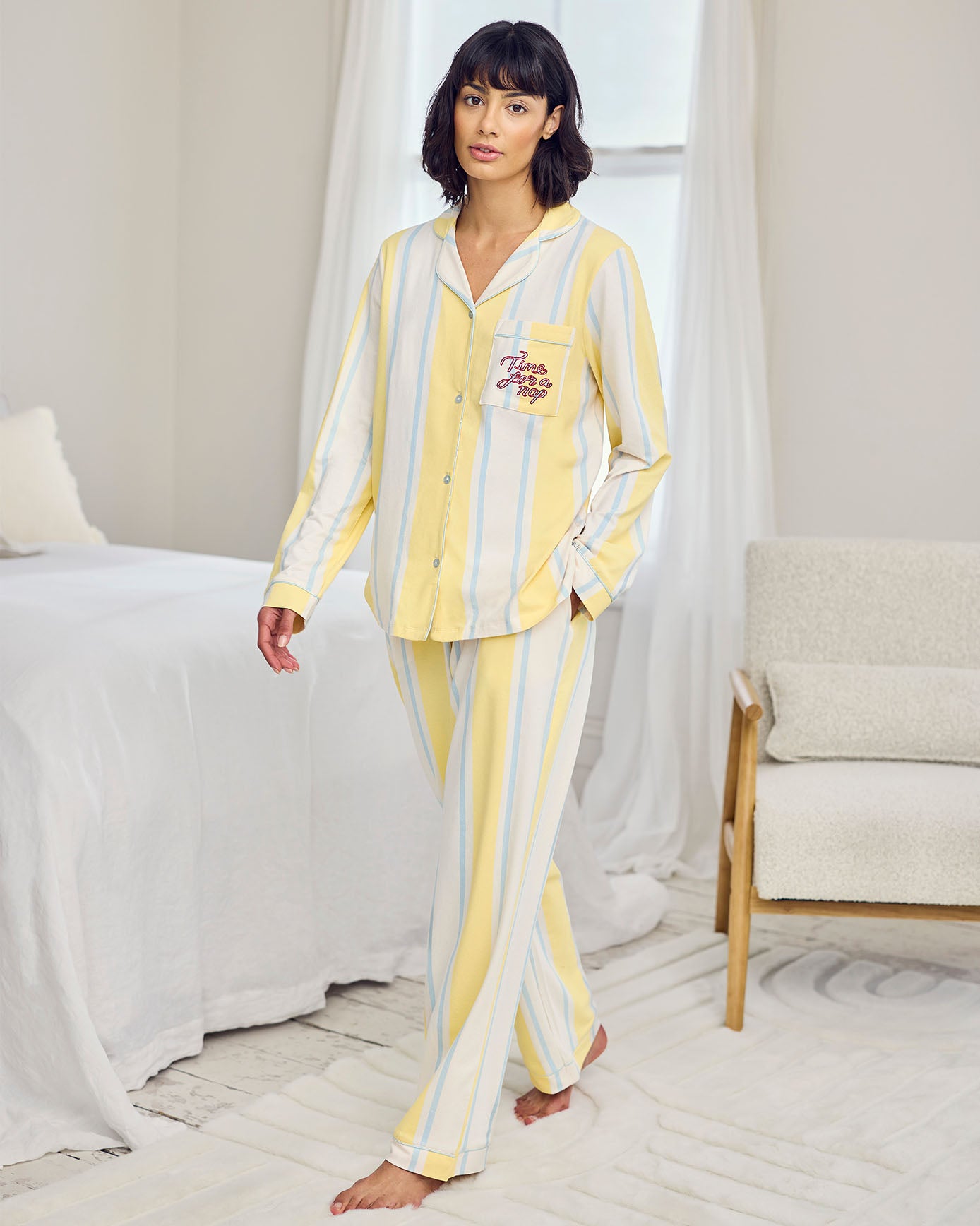 Organic Cotton Embroidered Time for a Nap Long Pyjama Set - Yellow