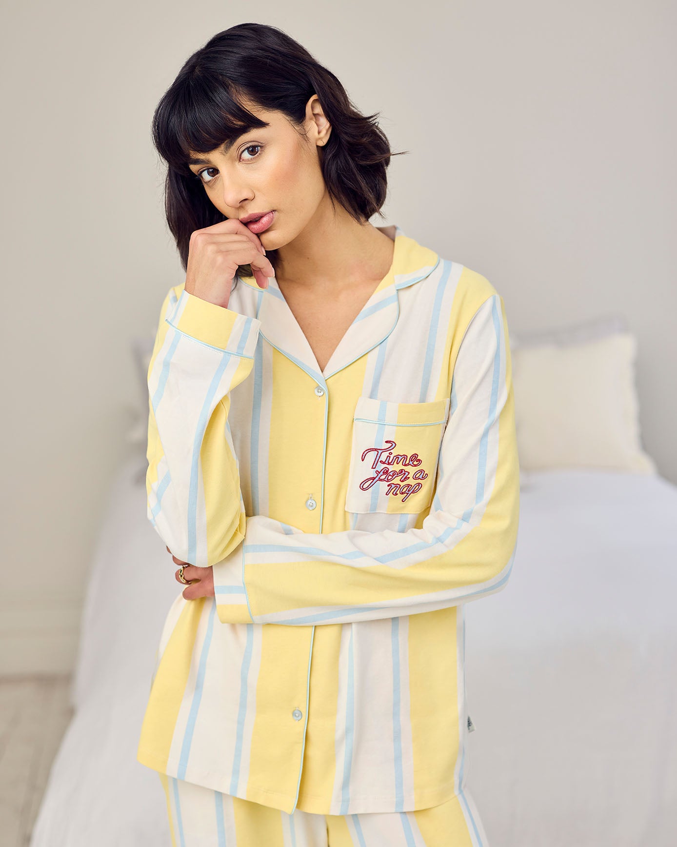 Organic Cotton Embroidered Time for a Nap Long Pyjama Set - Yellow