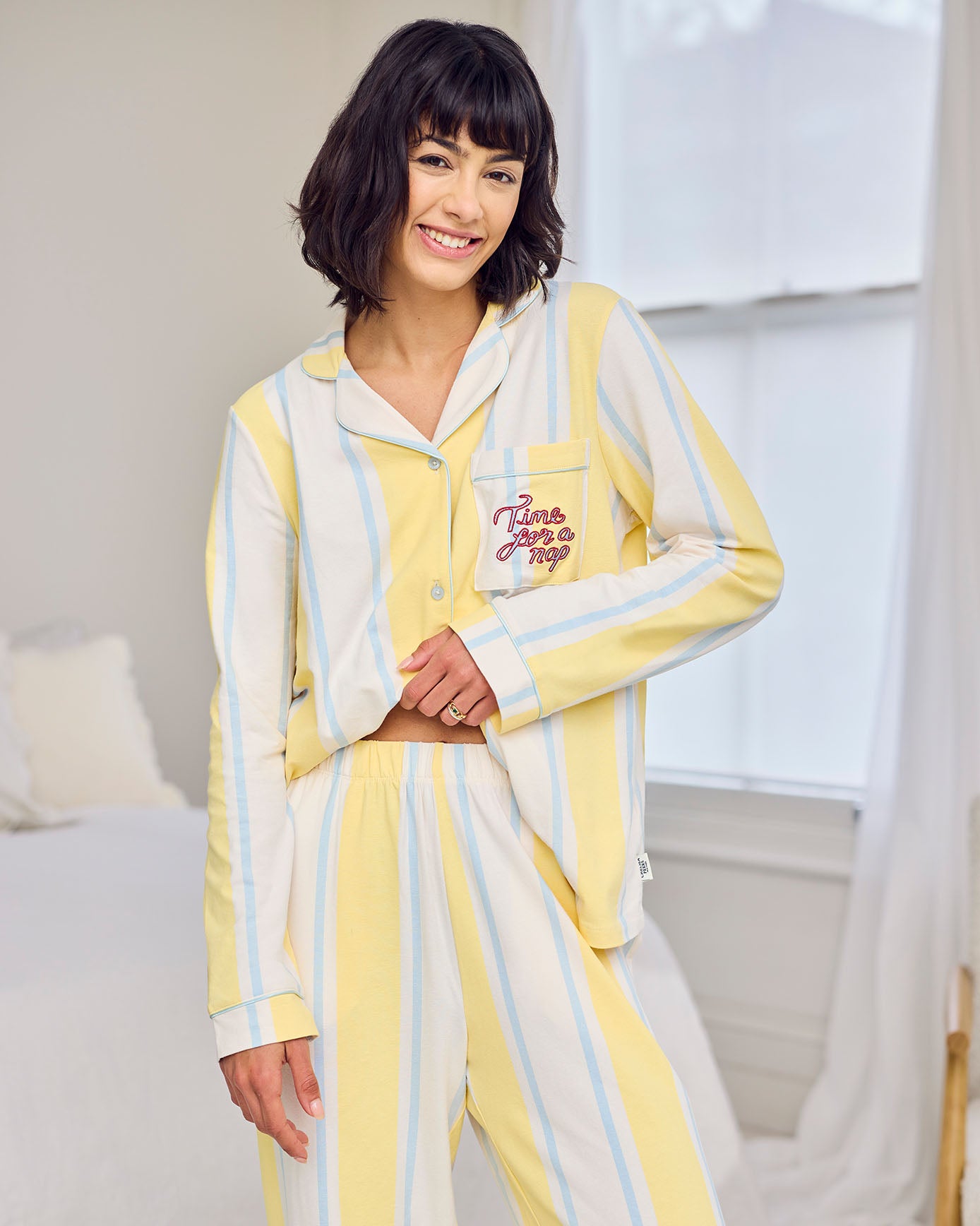 Organic Cotton Embroidered Time for a Nap Long Pyjama Set - Yellow