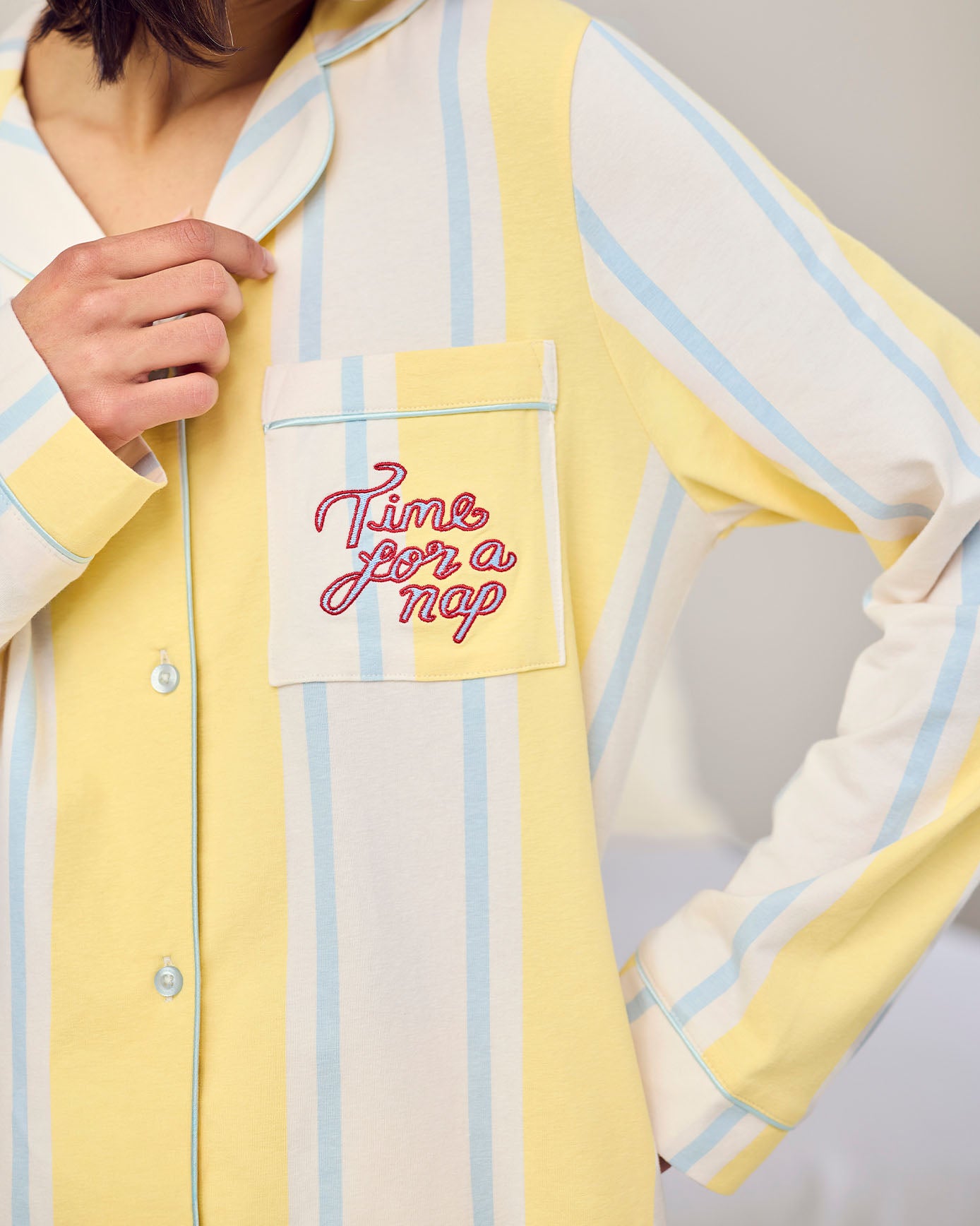 Organic Cotton Embroidered Time for a Nap Long Pyjama Set - Yellow