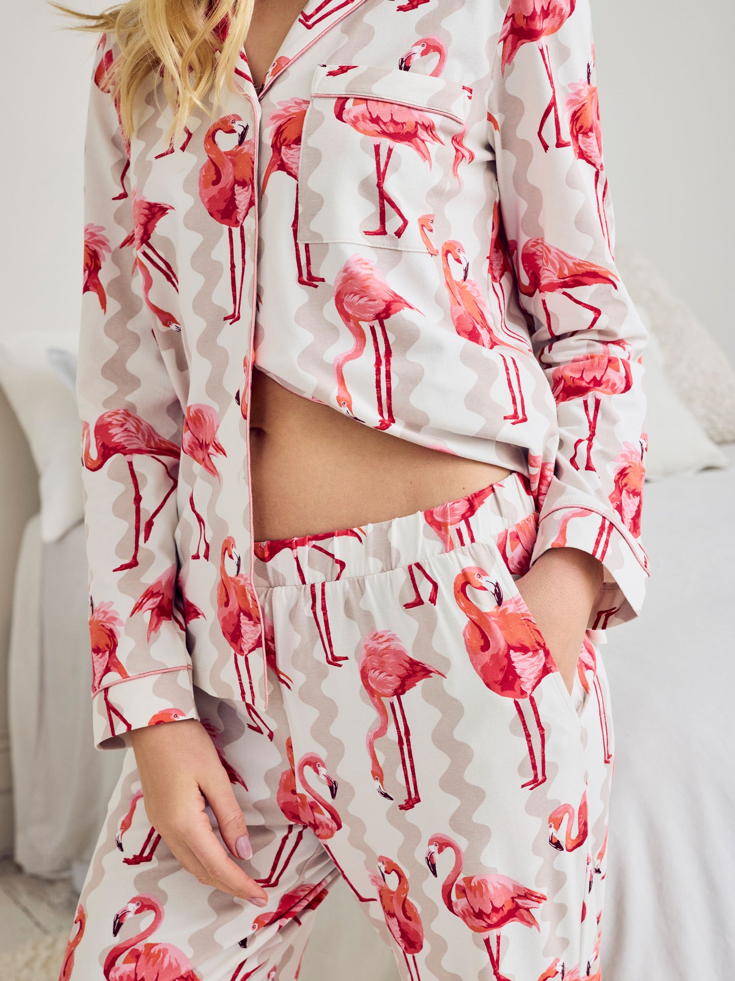 Tall Organic Cotton Flamingo Stripe Print Long Pyjama Set