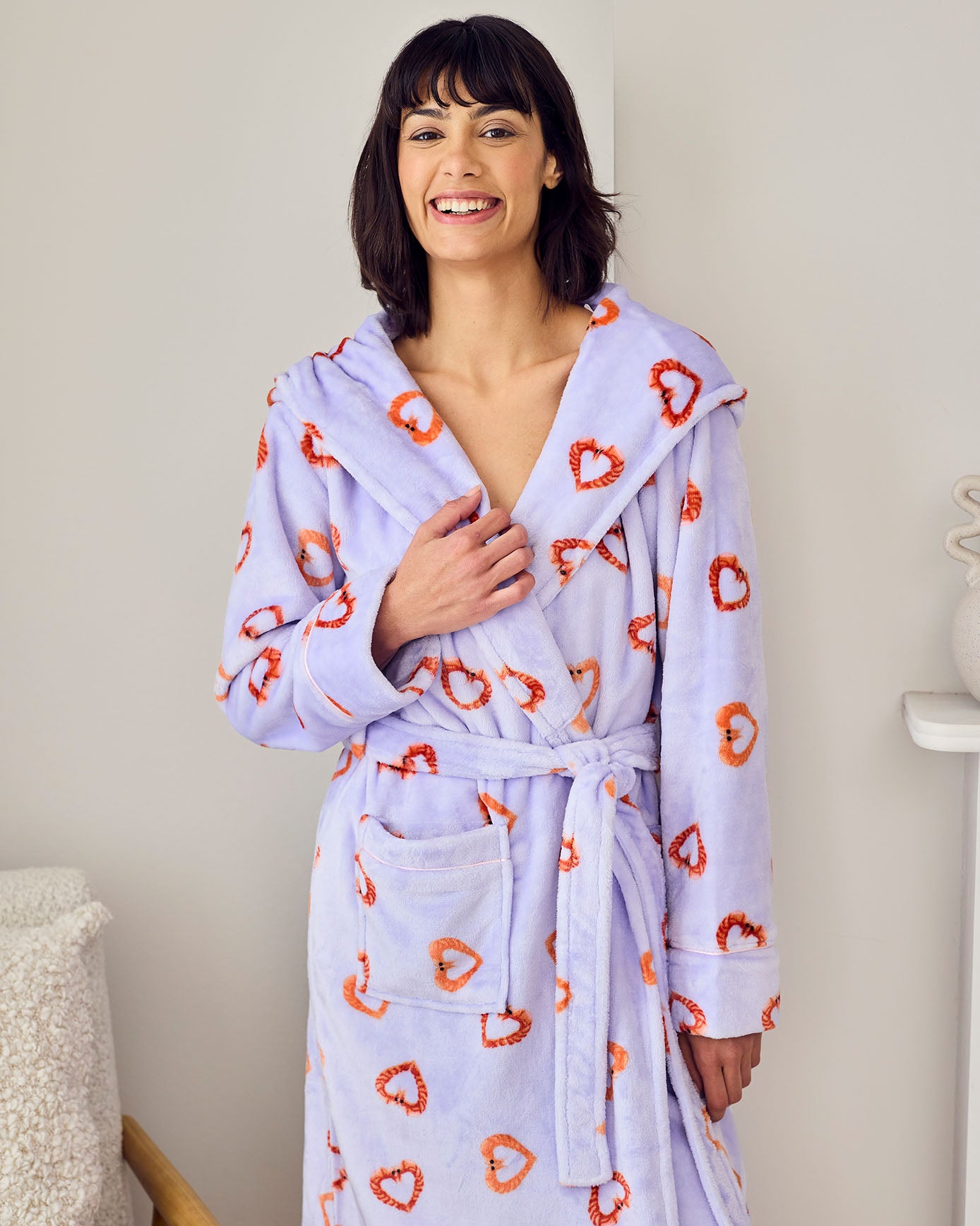 Fleece Shrimp Heart Print Dressing Gown