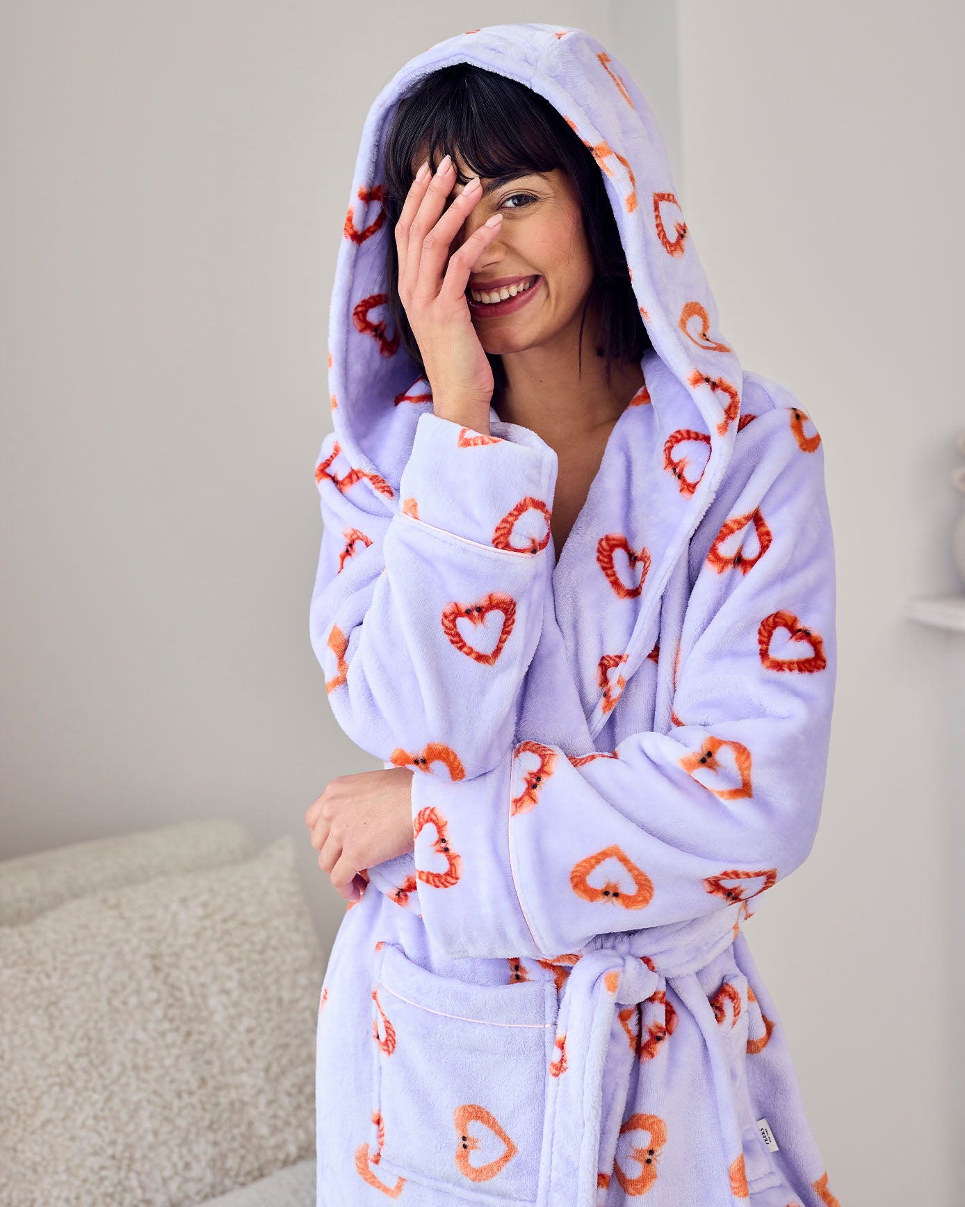 Fleece Shrimp Heart Print Dressing Gown