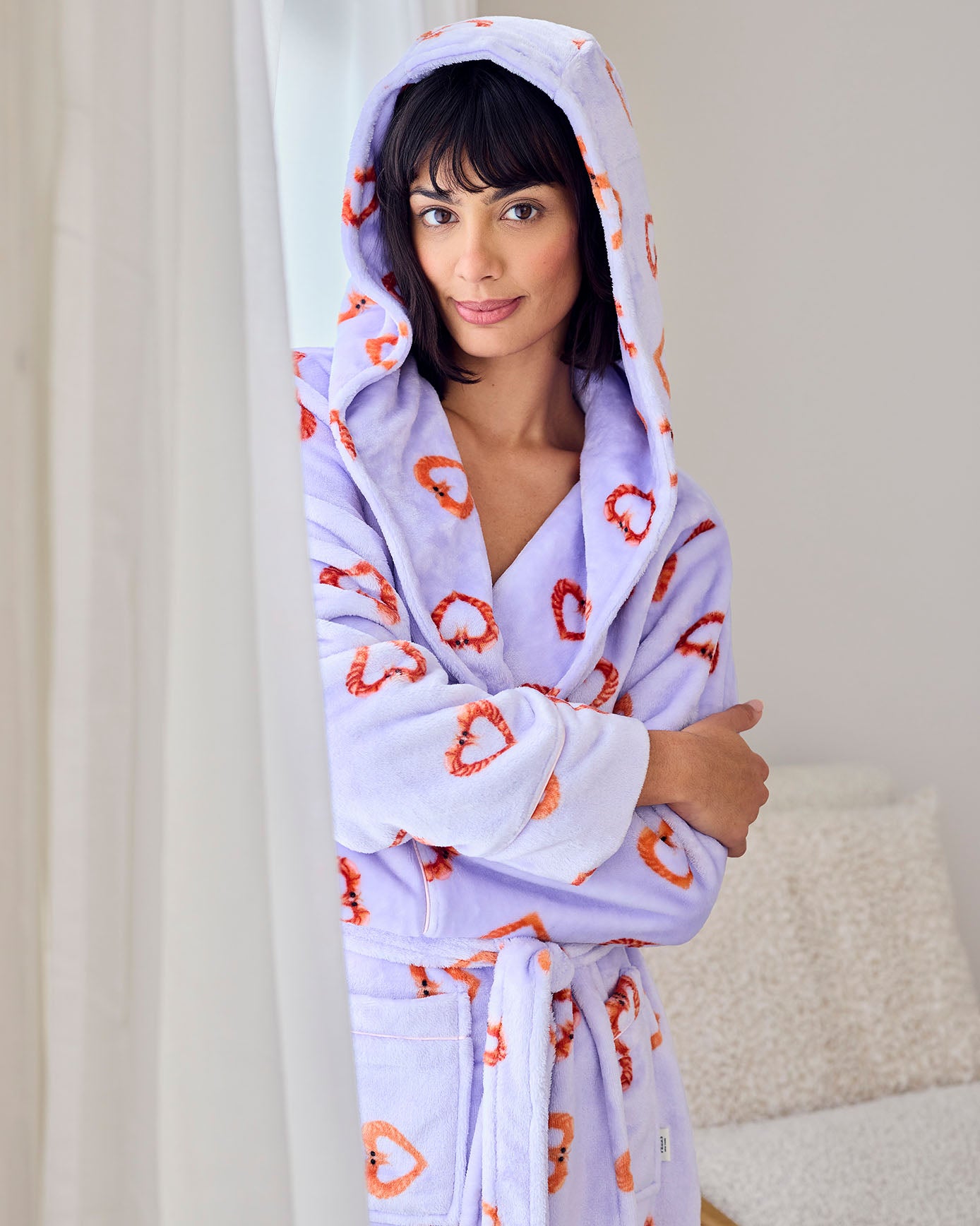 Fleece Shrimp Heart Print Dressing Gown