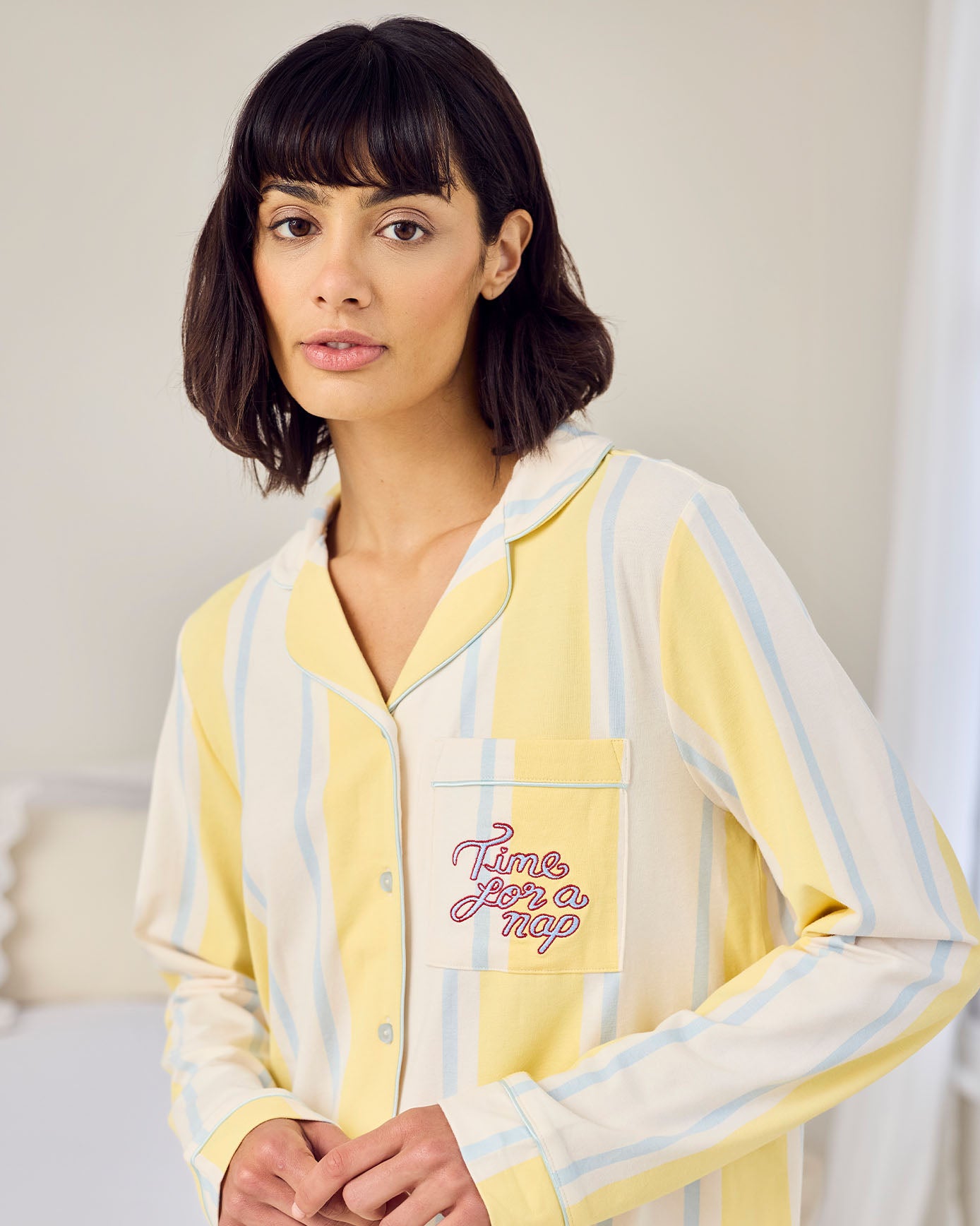 Organic Cotton Embroidered Time for a Nap Short Pyjama Set - Yellow