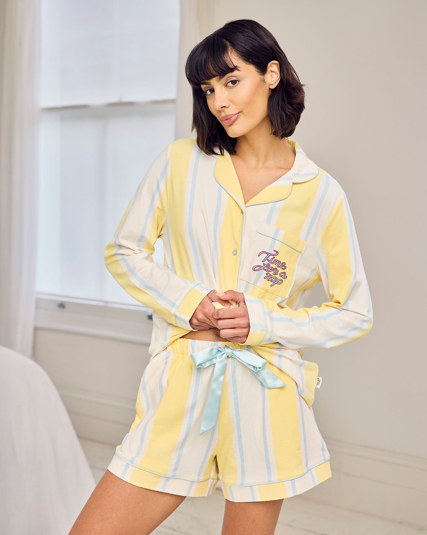 Organic Cotton Embroidered Time for a Nap Short Pyjama Set - Yellow