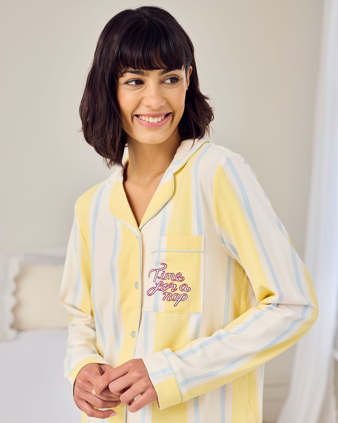 Organic Cotton Embroidered Time for a Nap Short Pyjama Set - Yellow