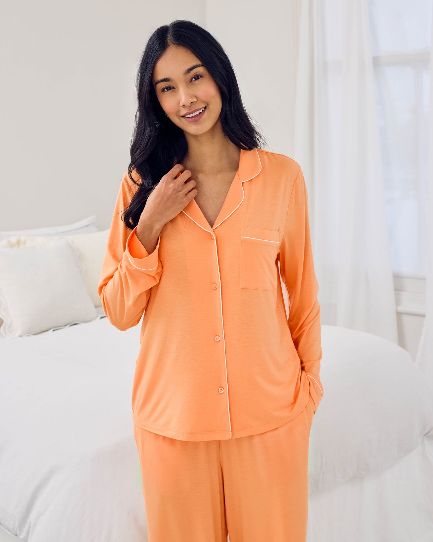Tencel™ Modal Button Up Long Pyjama Set - Orange