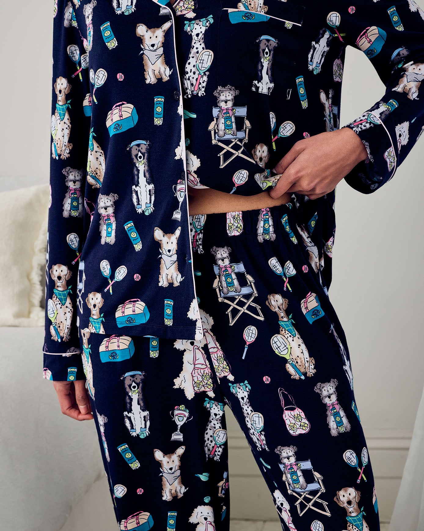 Tencel™ Modal Tennis Dogs Print Long Pyjama Set - Navy