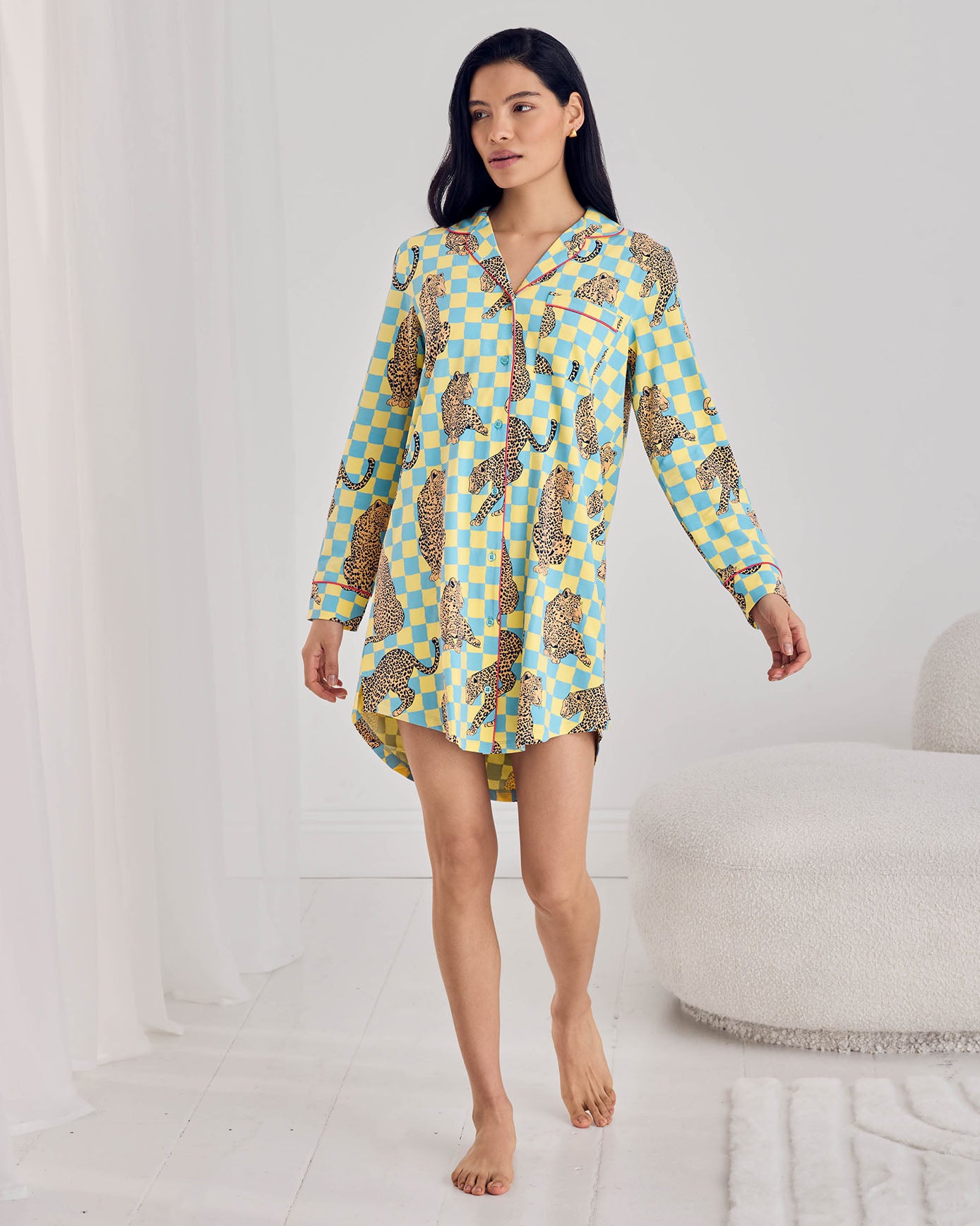 Organic Cotton Checkerboard Leopards Print Button-Up Nightshirt