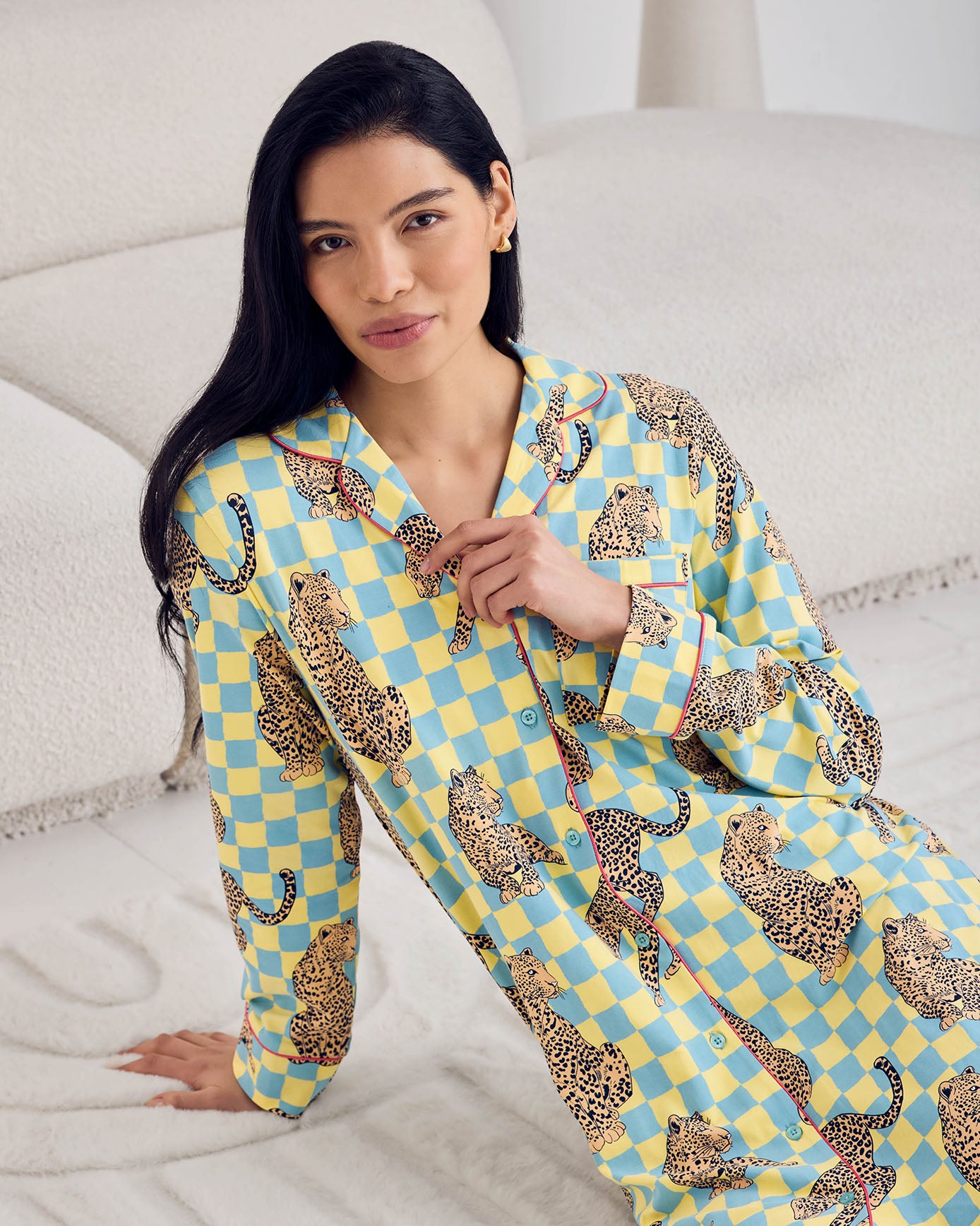 Organic Cotton Checkerboard Leopards Print Button-Up Nightshirt